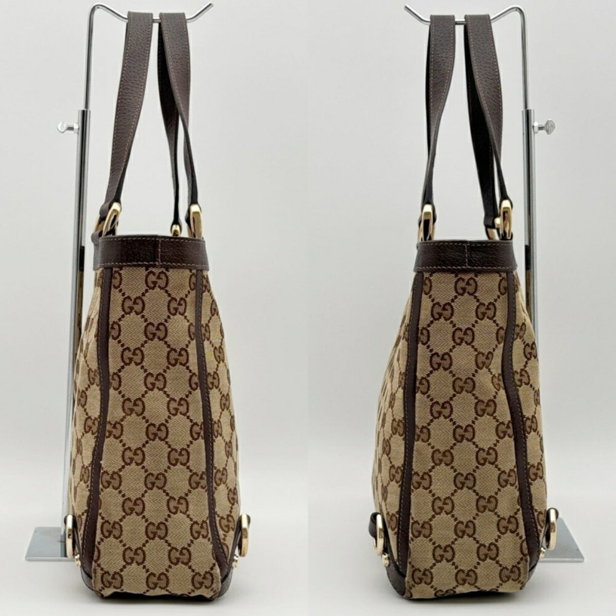 Gucci Beige Dark Brown Gg Canvas Leather Tote Bag (Pre-Owned)