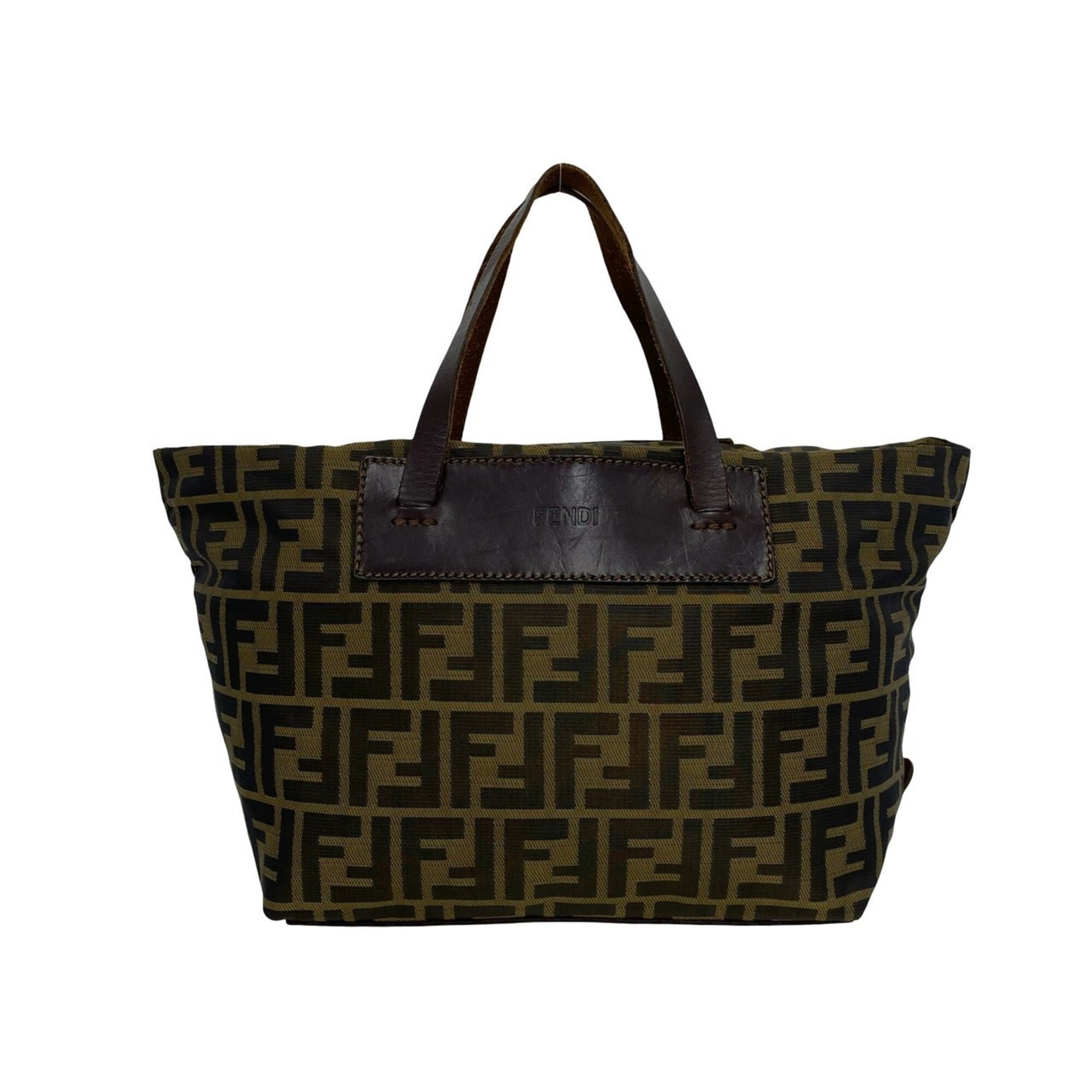 Fendi Black Brown Khaki Nylon Leather Handbag Tote Bag (Pre-Owned)