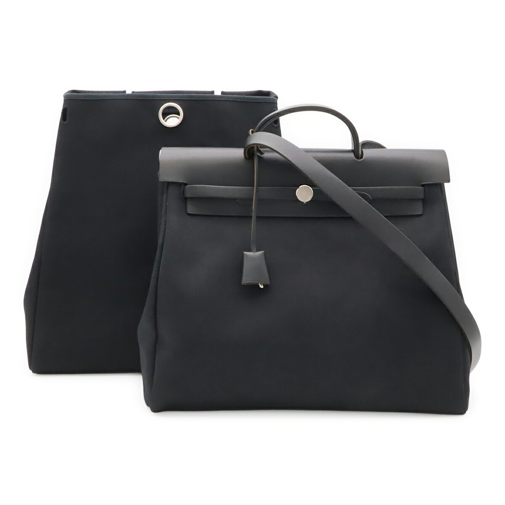 Hermes Her Bag Black Toile Officier Leather Handbag Shoulder Bag (Pre-Owned)
