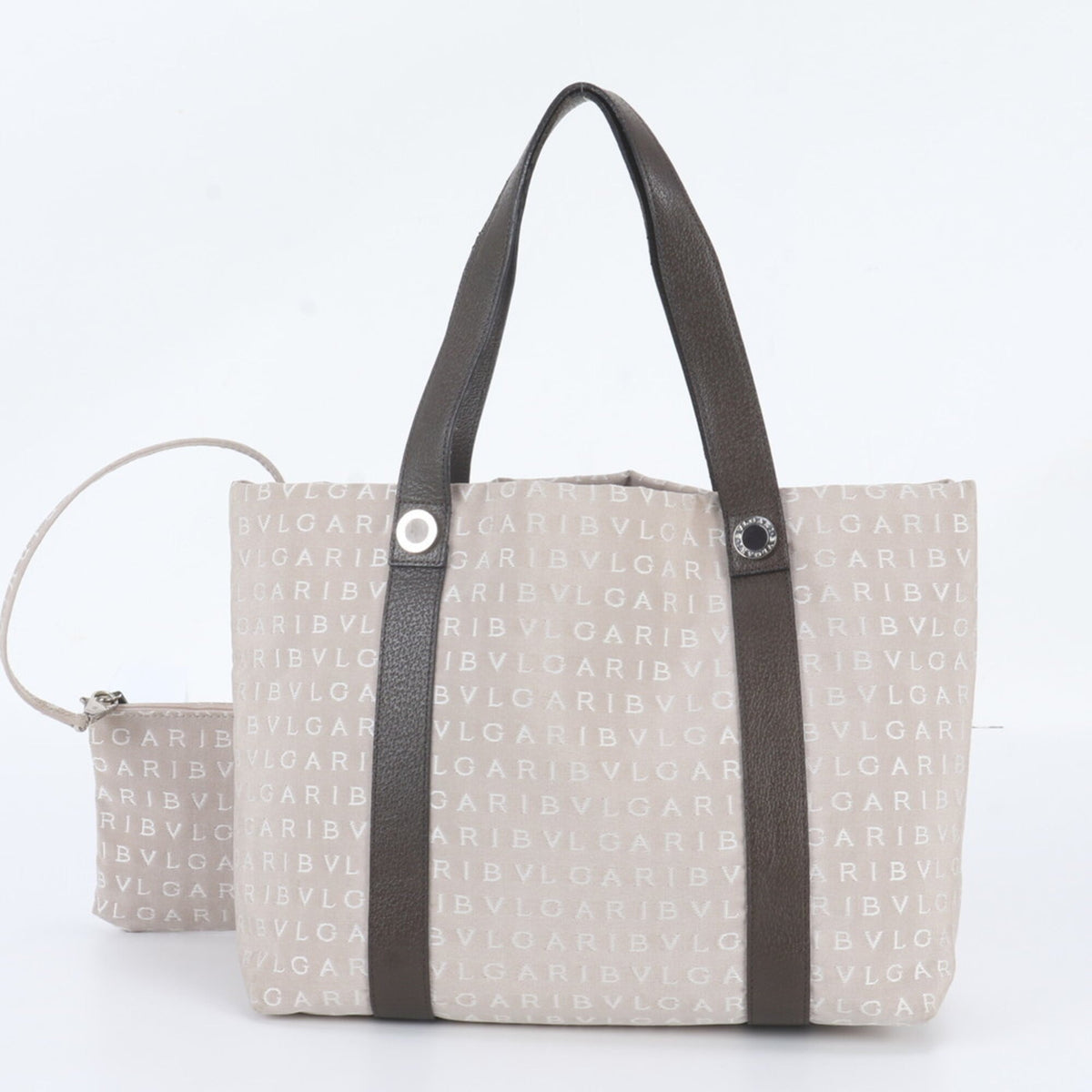 Bvlgari Beige Leather Canvas Handbag Pouch Shoulder Bag Tote Bag (Pre-Owned)