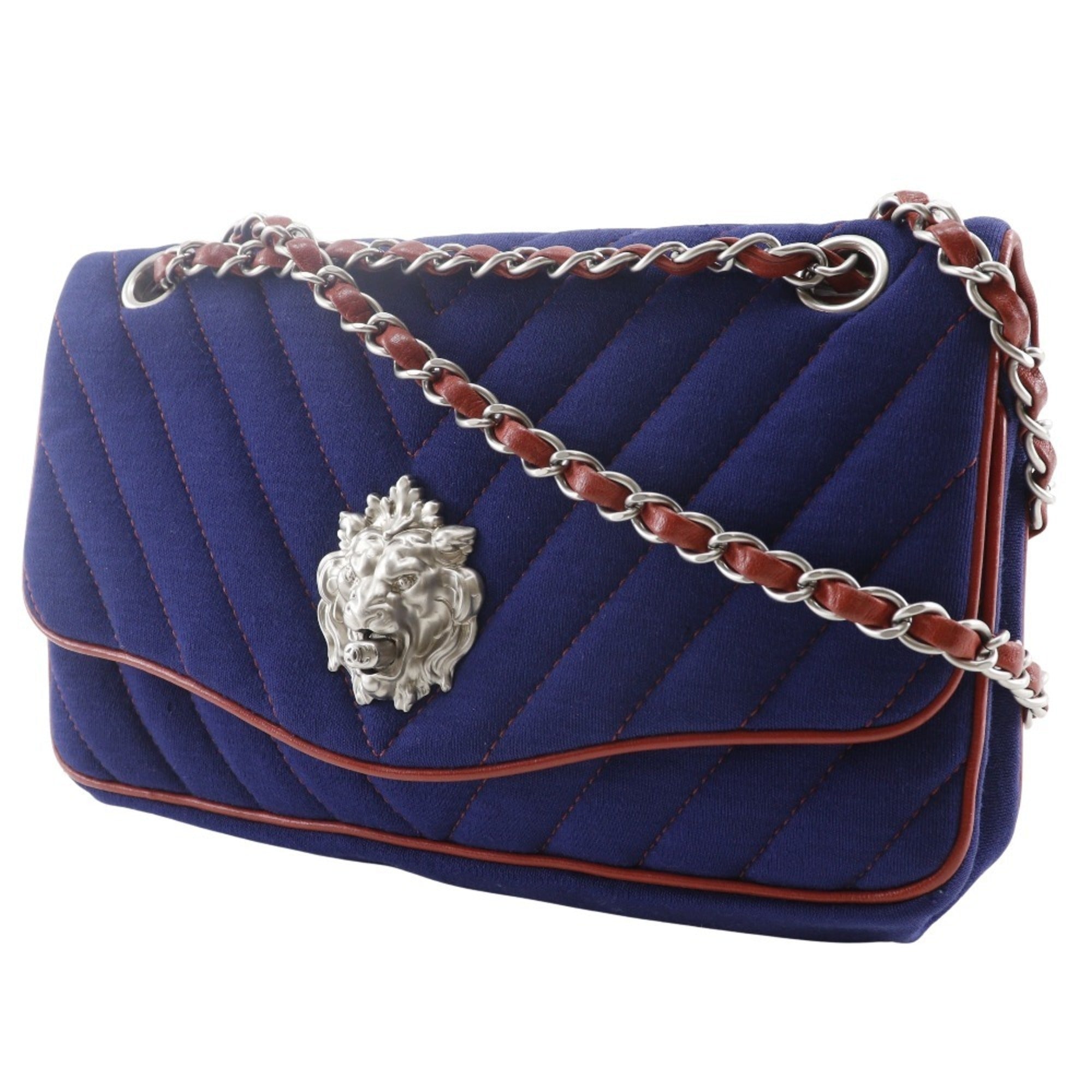 Chanel Navy Red Color Cotton Shoulder Bag (Pre-Owned)