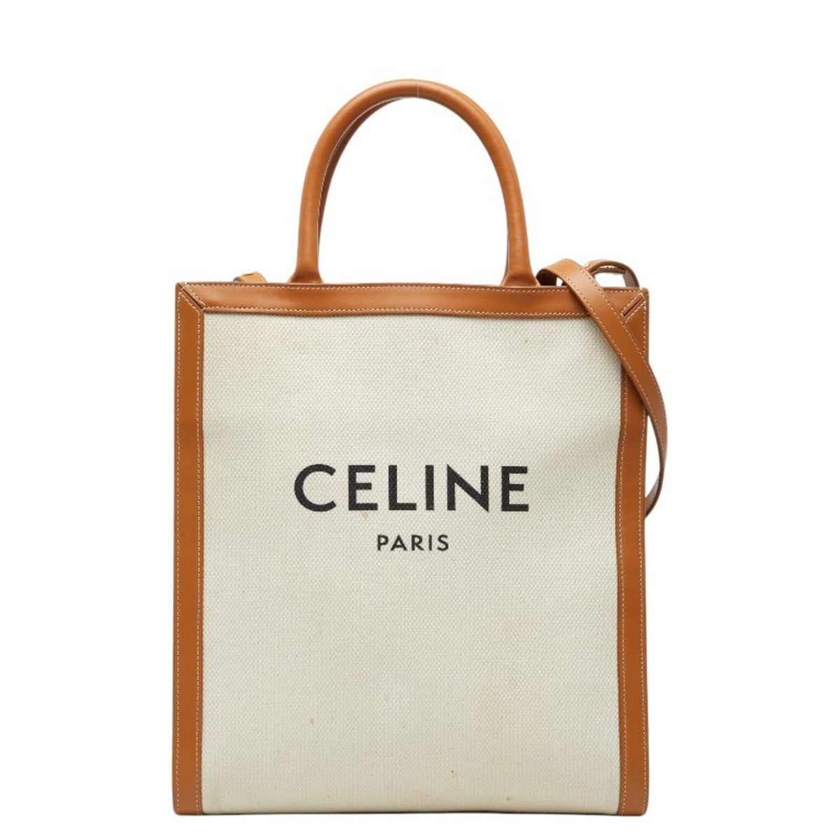 Celine Cabas Brown Ivory Canvas Leather Handbag Shoulder Bag (Pre-Owned)