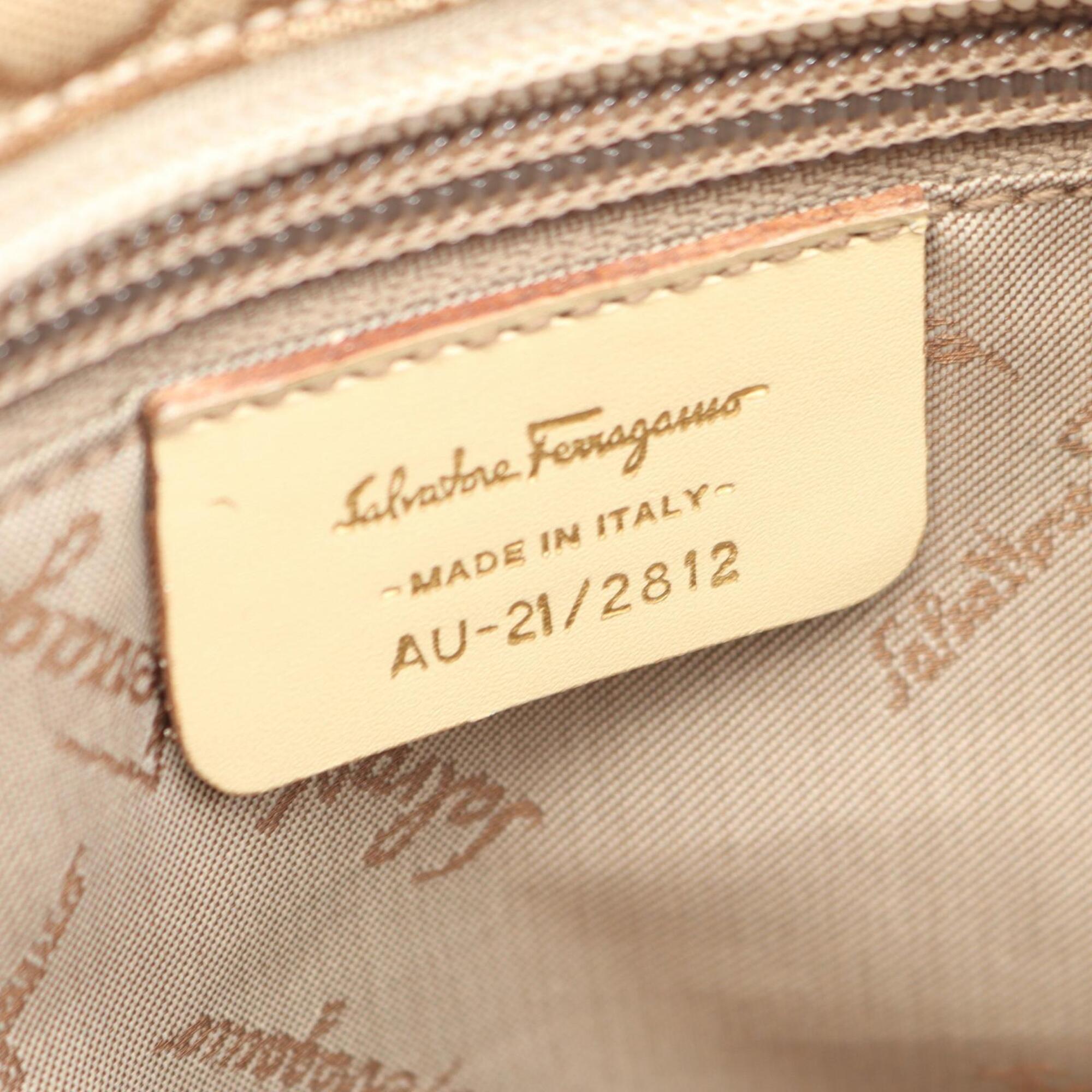Salvatore Ferragamo Beige White Canvas Leather Handbag Tote Bag (Pre-Owned)