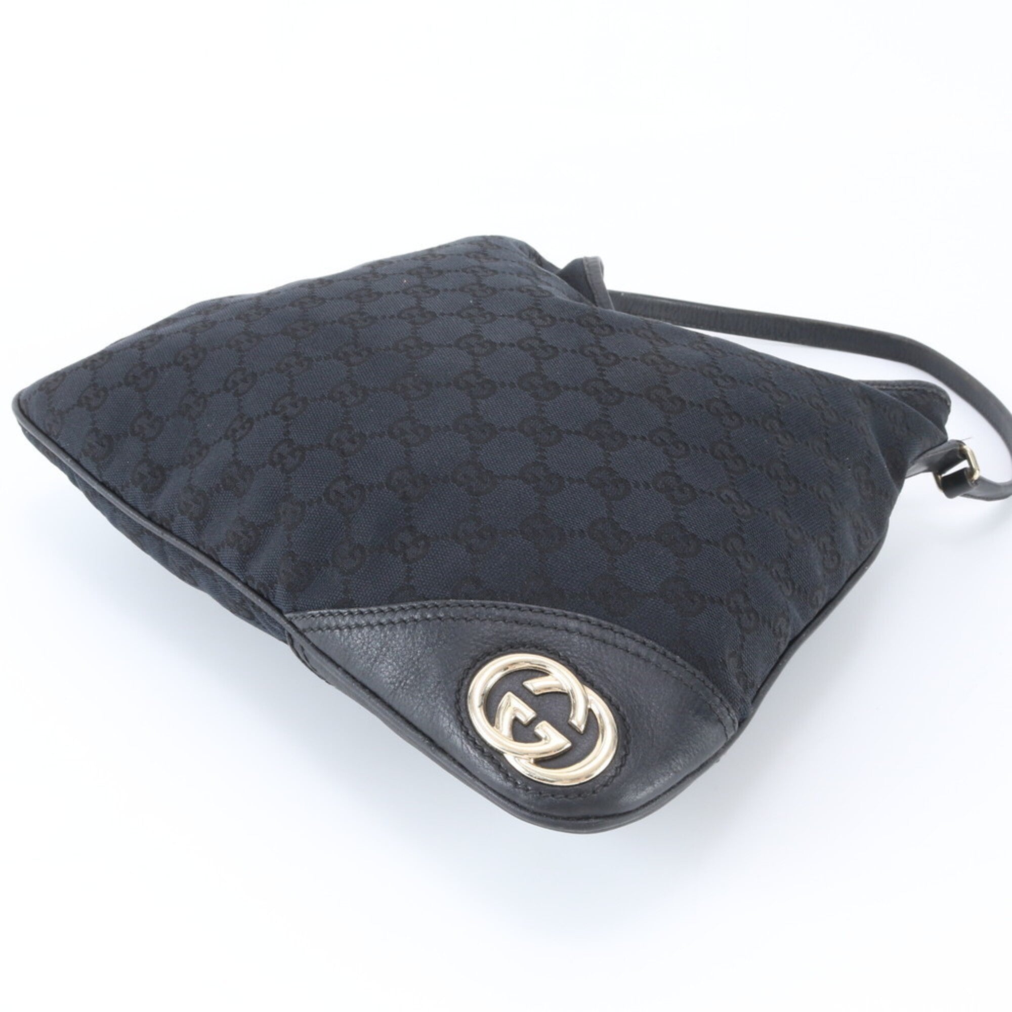 Gucci Gg Canvas Black Leather Canvas Shoulder Bag (Pre-Owned)