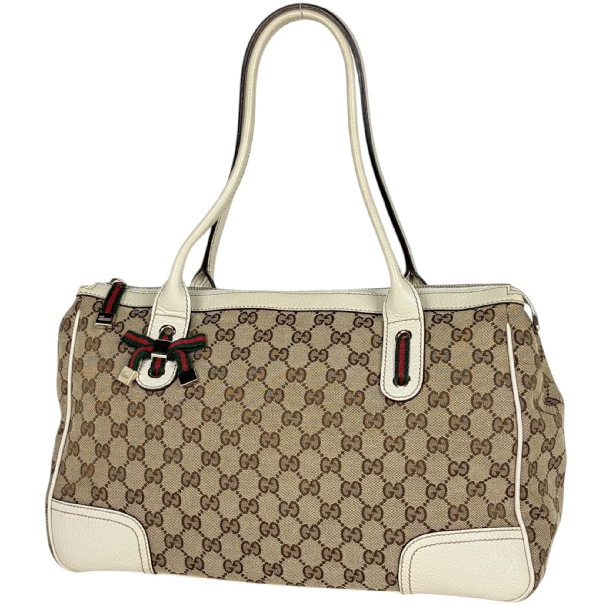 Gucci Gg Canvas Beige White Gg Canvas Leather Tote Bag (Pre-Owned)