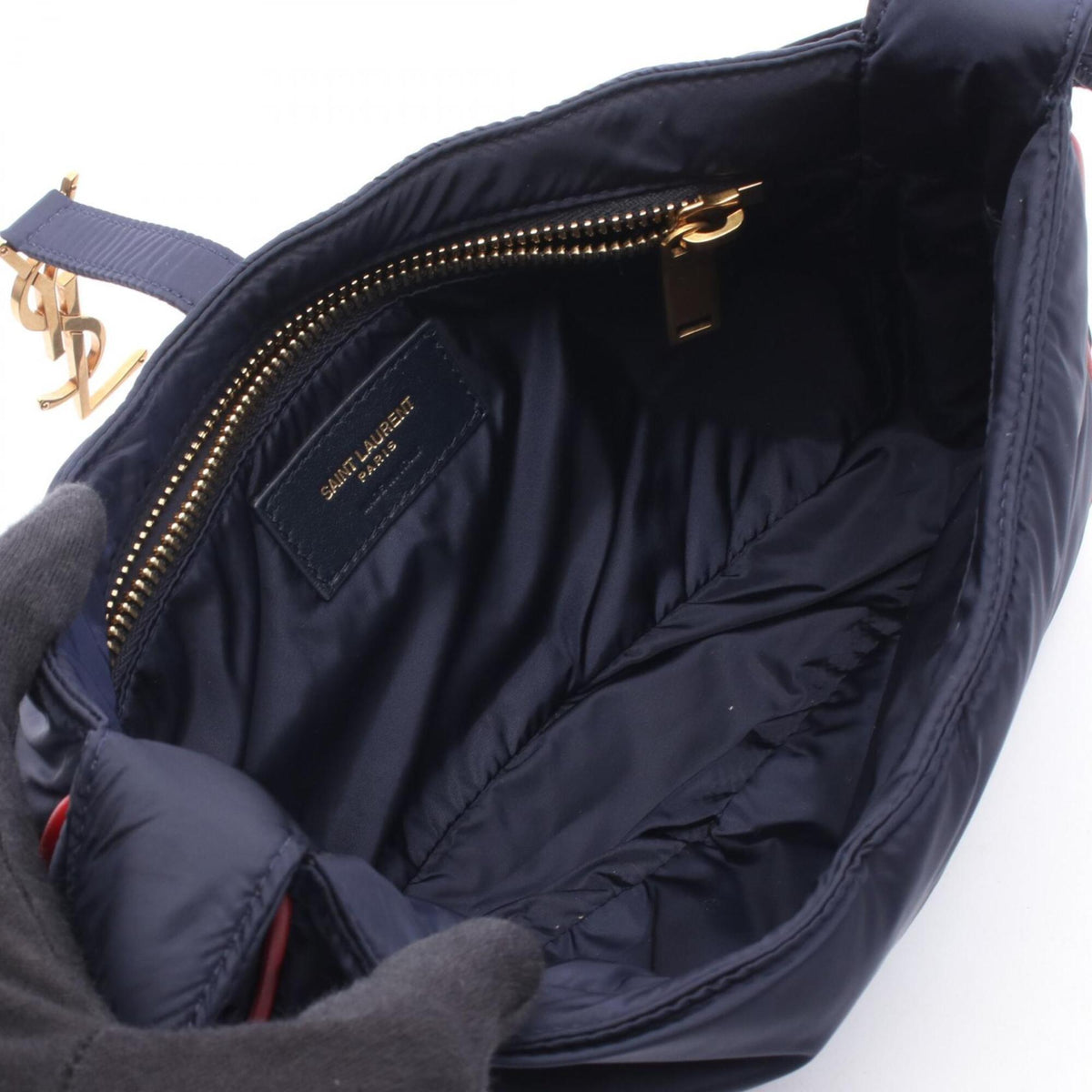 Yves Saint Laurent Navy Red Color Nylon Leather Handbag Shoulder Bag (Pre-Owned)