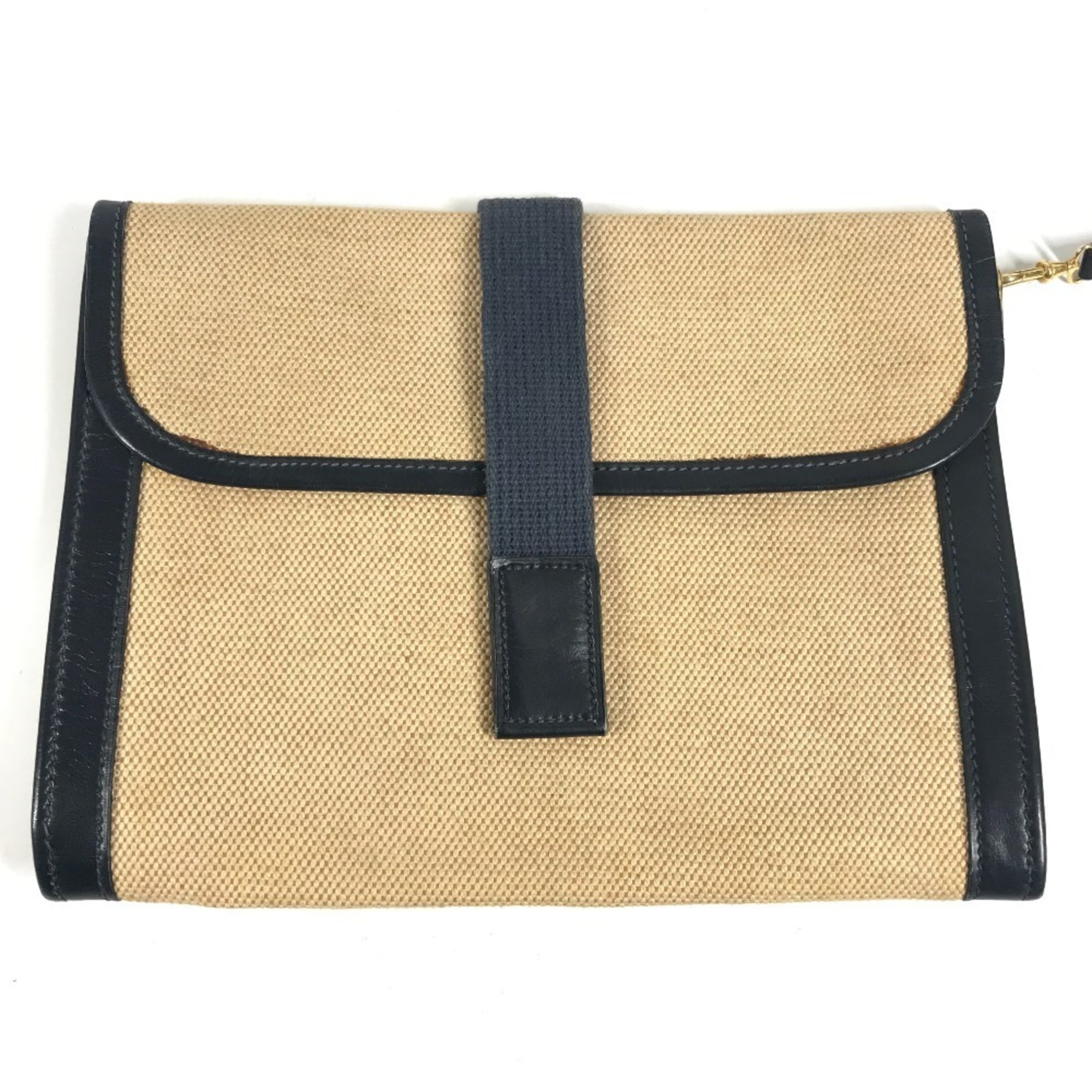 Hermes Beige Navy Leather Canvas Shoulder Bag (Pre-Owned)