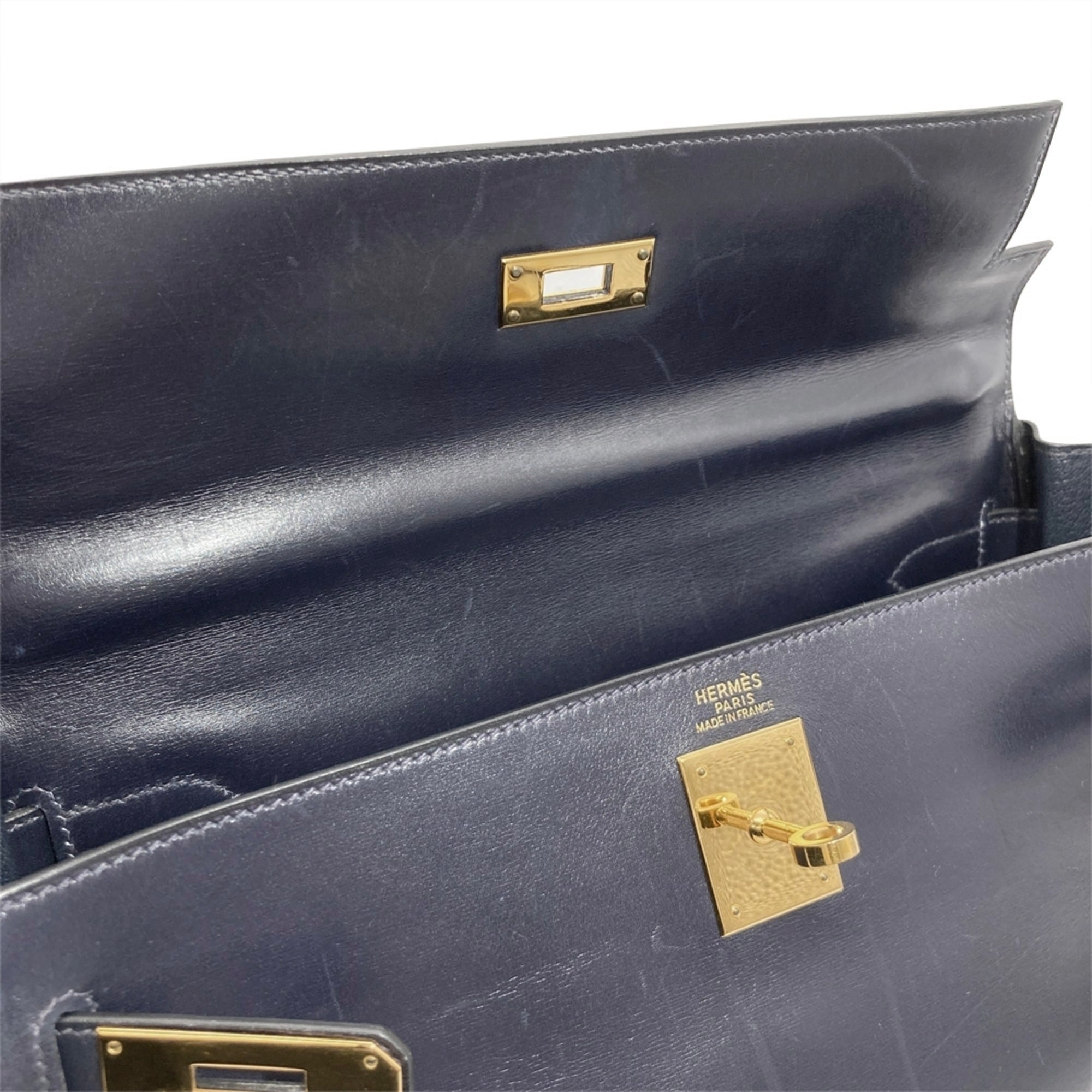Hermes Navy Box Calf Leather Handbag (Pre-Owned)