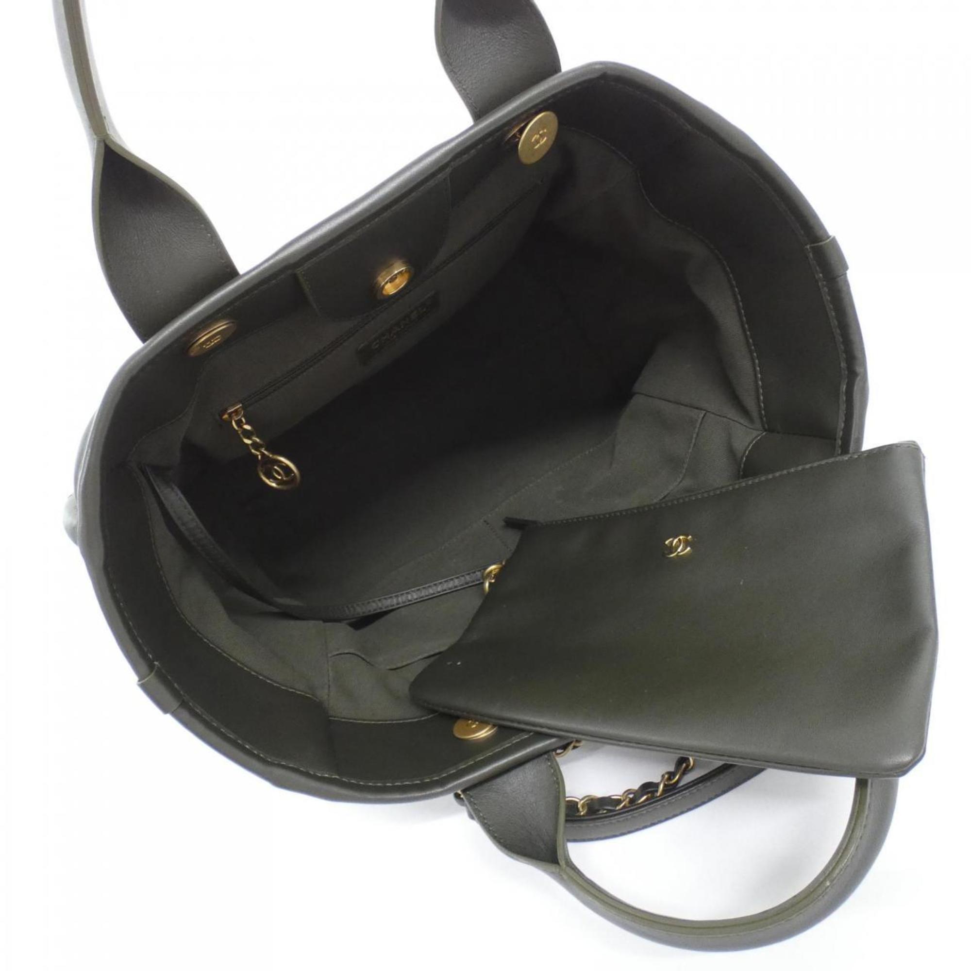 Chanel Deauville Khaki Leather Handbag (Pre-Owned)