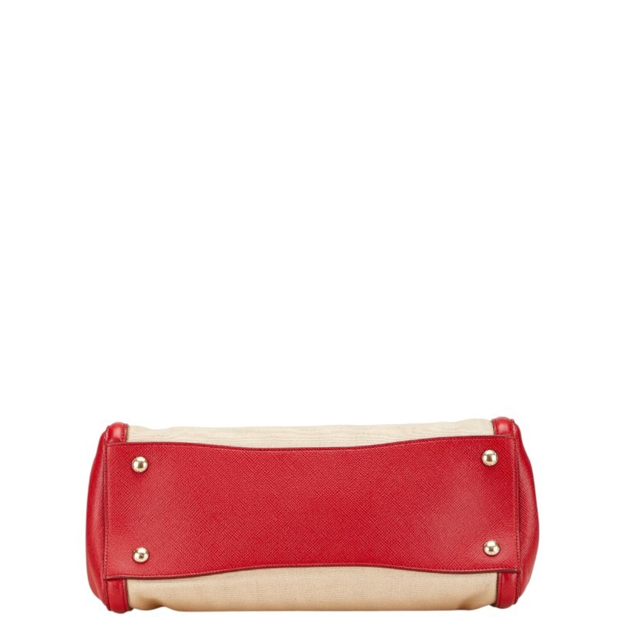 Prada Beige Red Color Canvas Leather Handbag Shoulder Bag (Pre-Owned)