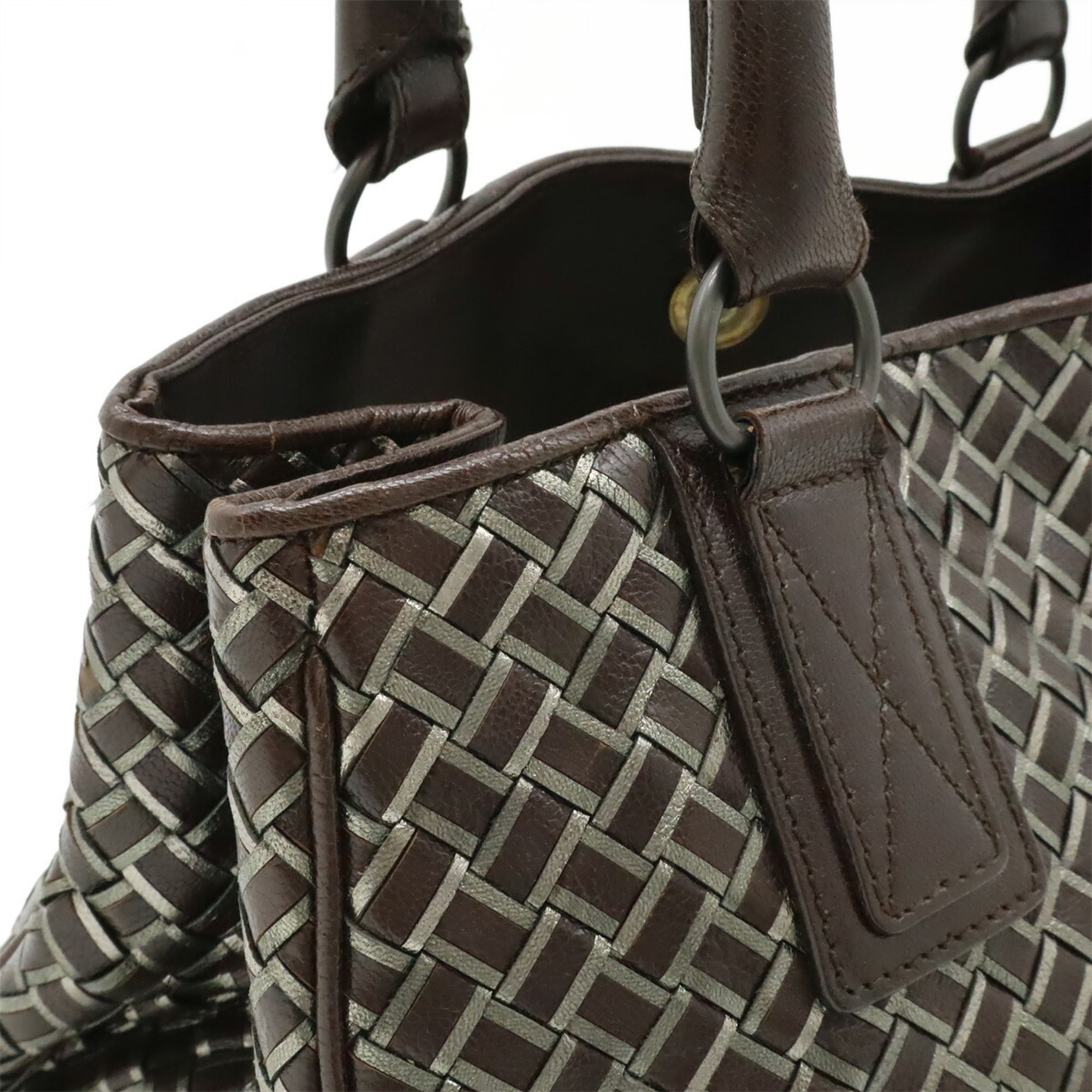 Bottega Veneta Intrecciato Dark Brown Silver Leather Handbag (Pre-Owned)