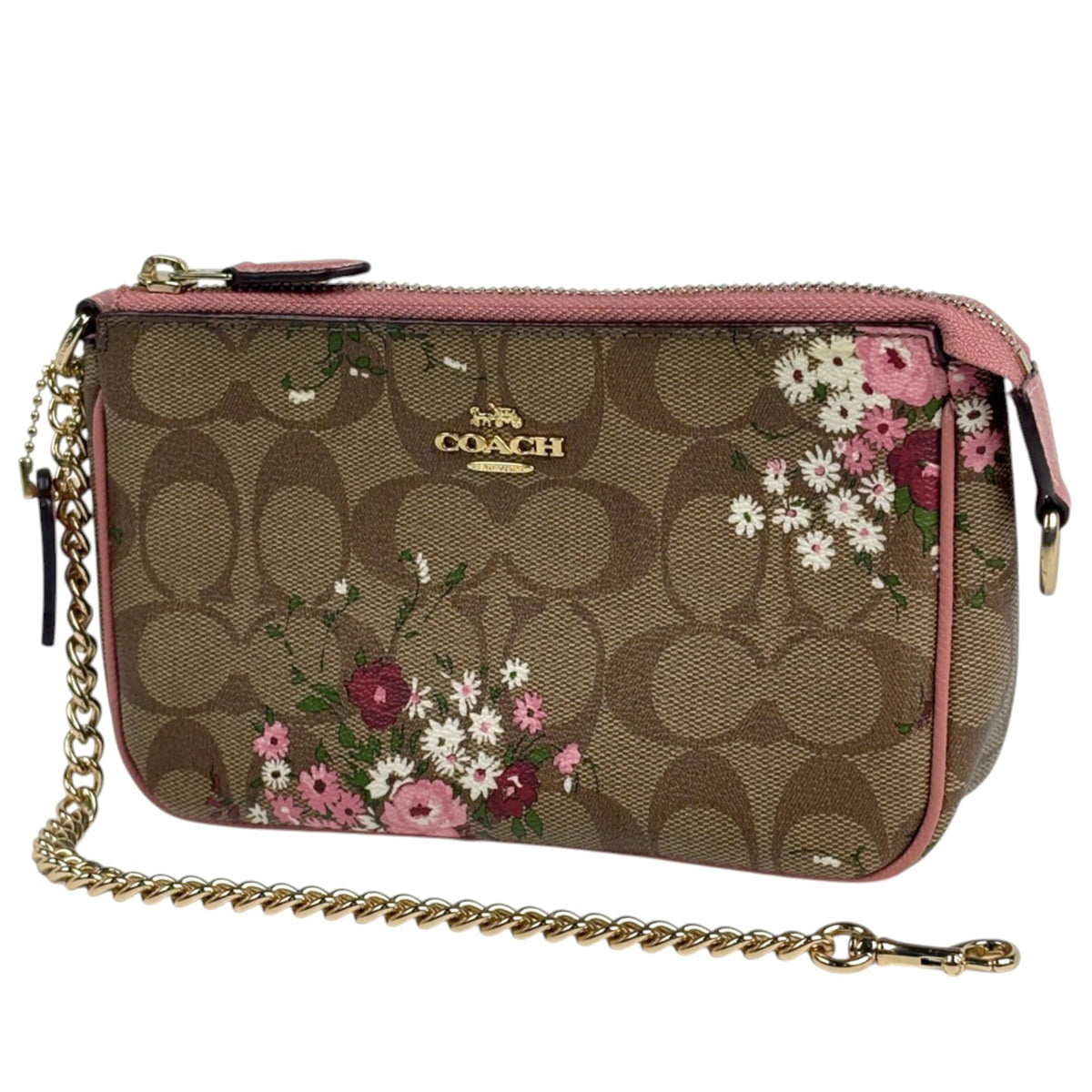 Coach Signature Brown Pink Coated Canvas Leather Handbag Pouch (Pre-Owned)