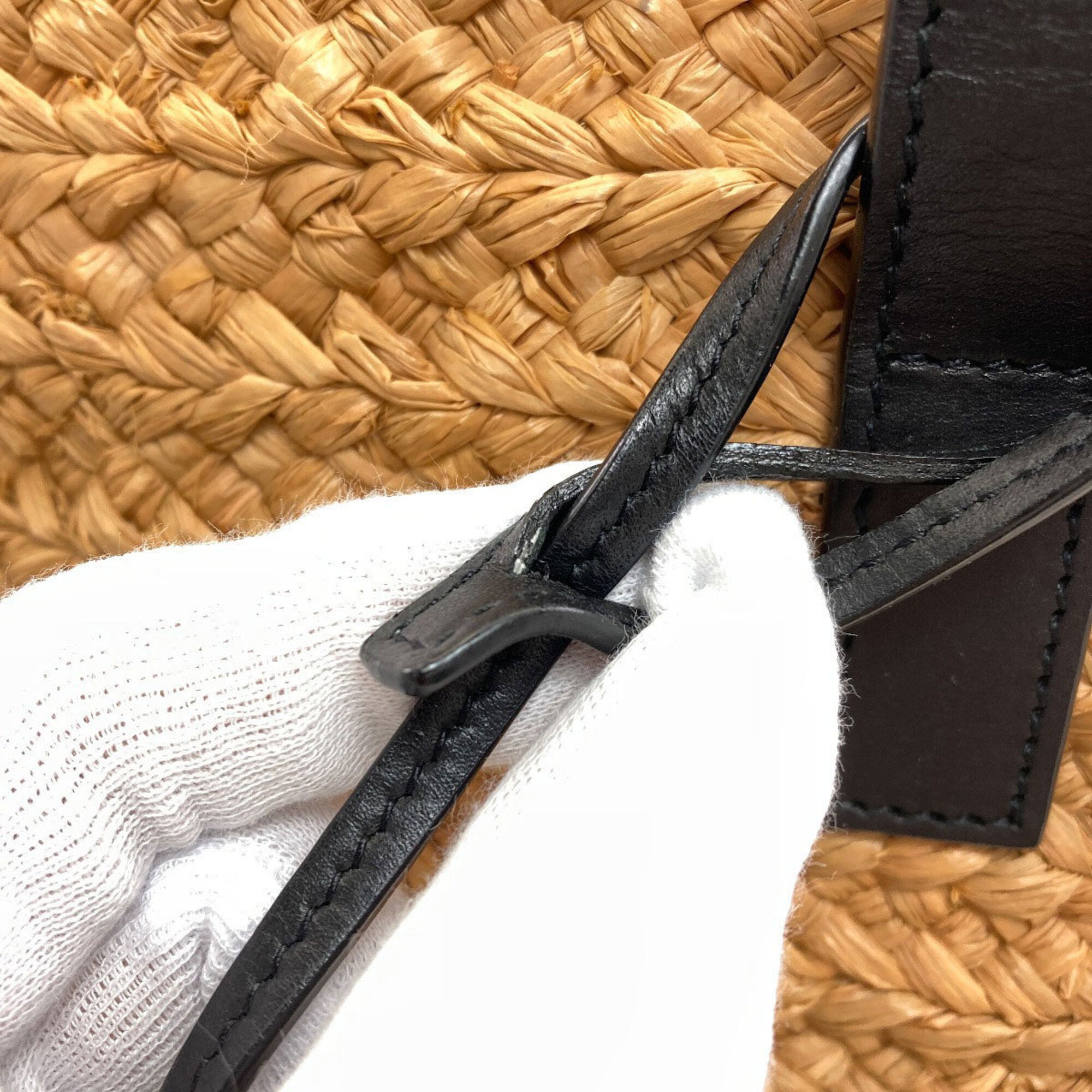 Yves Saint Laurent Black Brown Raffia Leather Tote Bag (Pre-Owned)