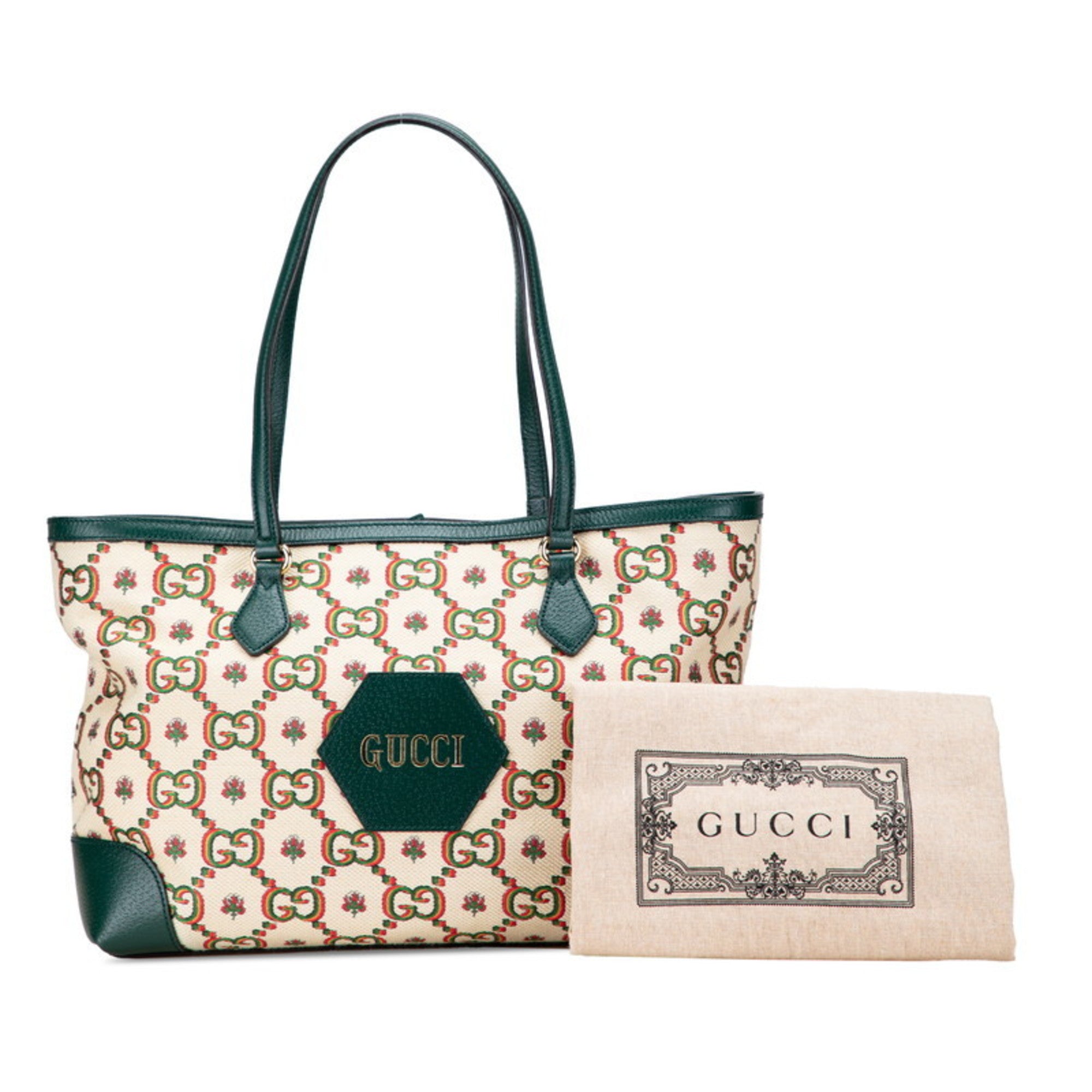 Gucci Ophidia Beige Green Multi-Color Canvas Leather Tote Bag (Pre-Owned)