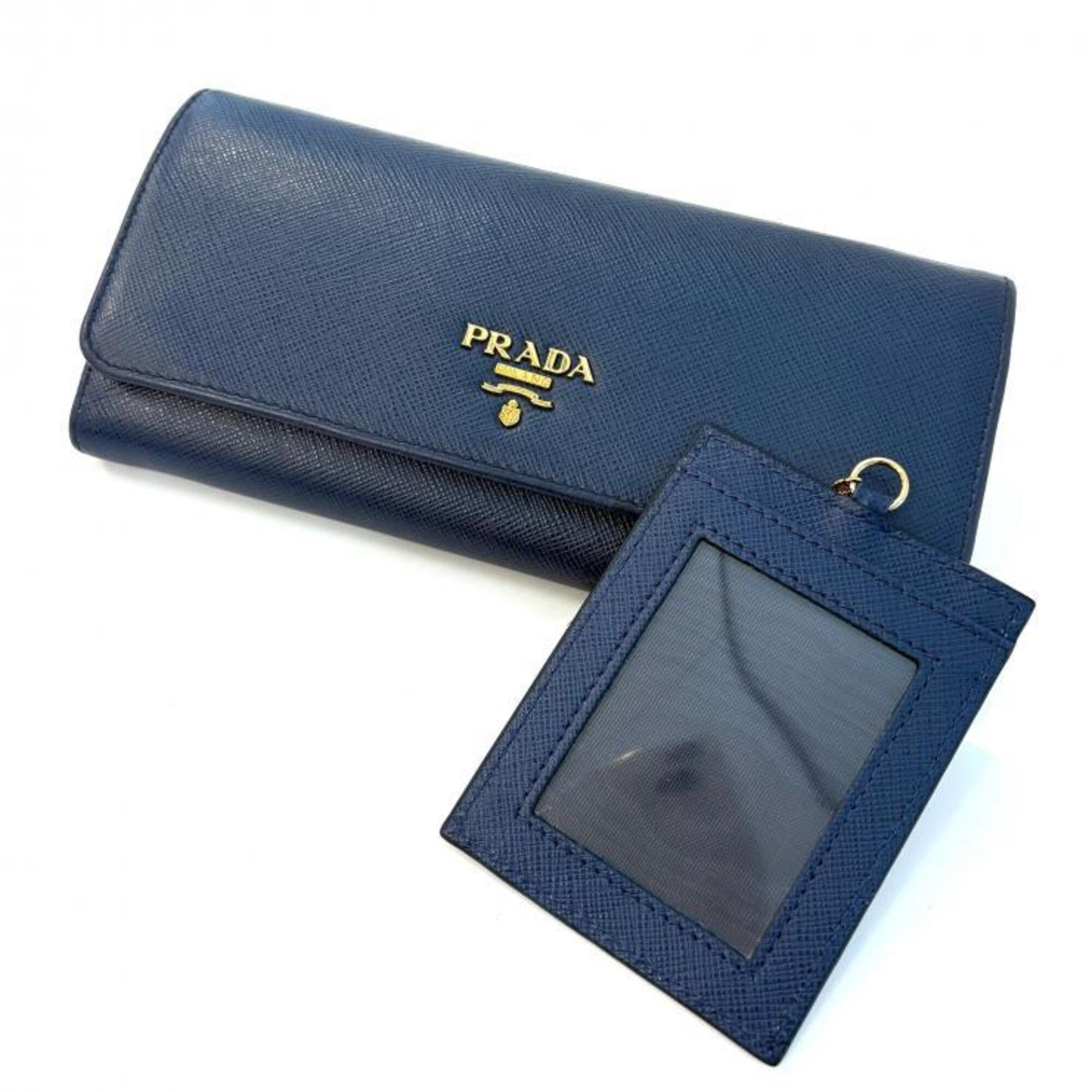 Prada Bluette Navy Saffiano Metal Long Wallet (Bi-Fold) (Pre-Owned)