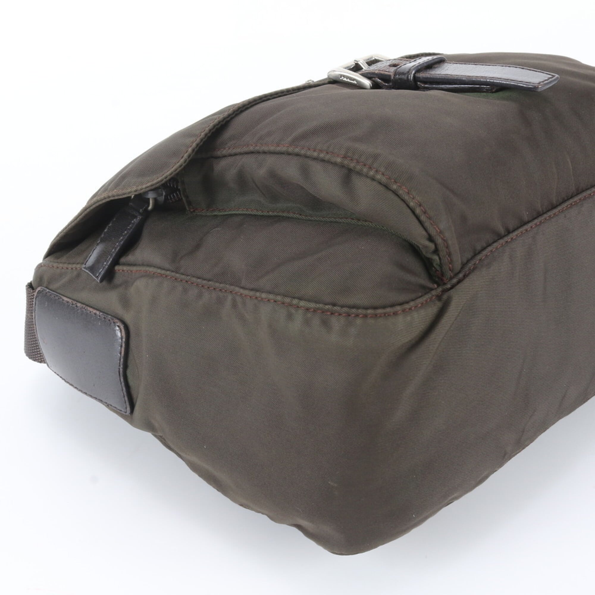 Prada Brown Green Khaki Nylon Leather Messenger Bag Shoulder Bag (Pre-Owned)