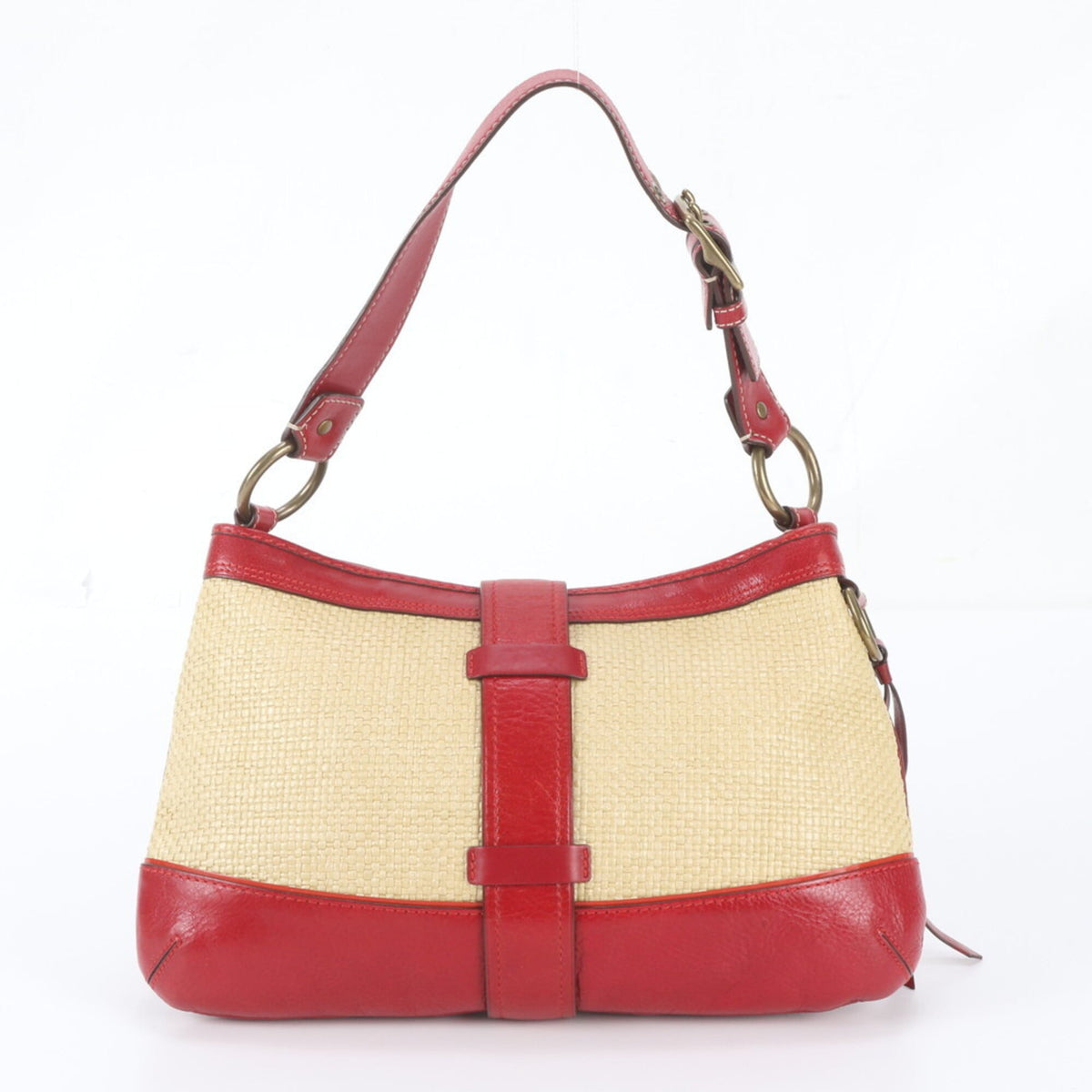 Coach Beige Red Color Leather Handbag Shoulder Bag Tote Bag (Pre-Owned)