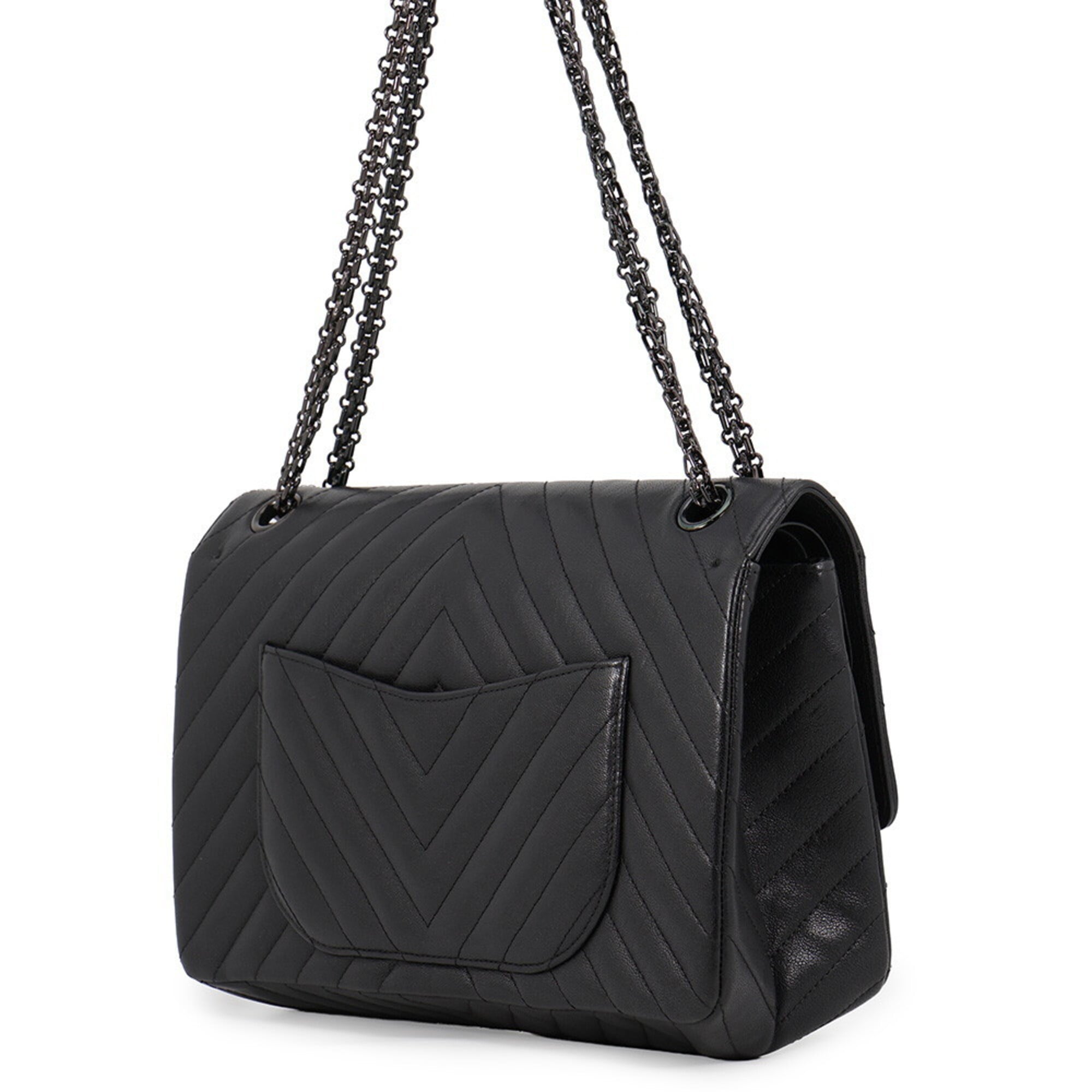 Chanel 2.55 Black Leather Handbag Shoulder Bag (Pre-Owned)
