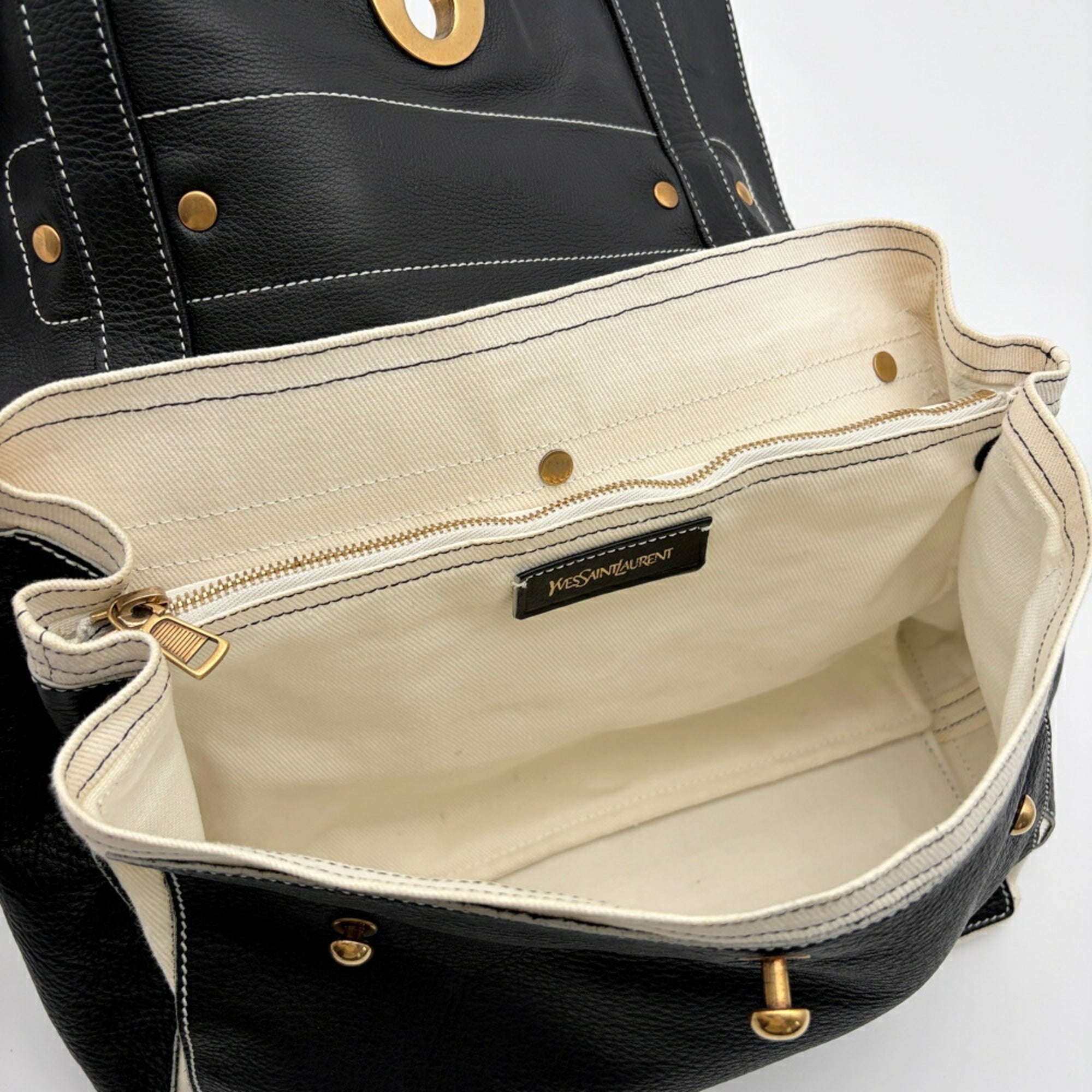 Yves Saint Laurent Black White Leather Canvas Handbag (Pre-Owned)