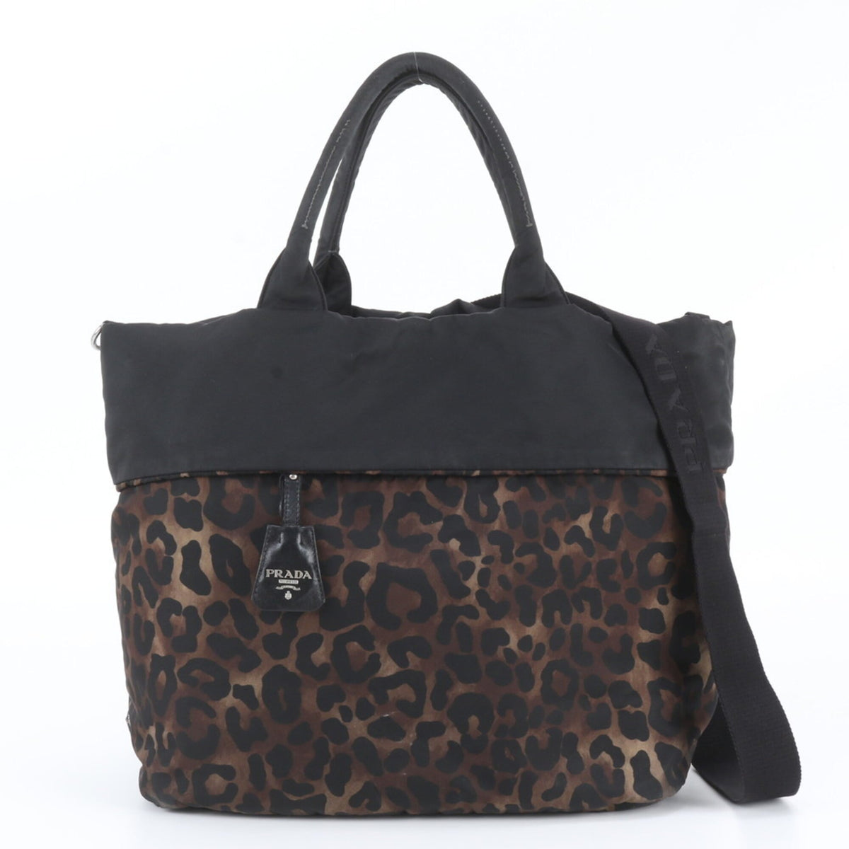 Prada Black Brown Leather Nylon Shoulder Bag Tote Bag (Pre-Owned)
