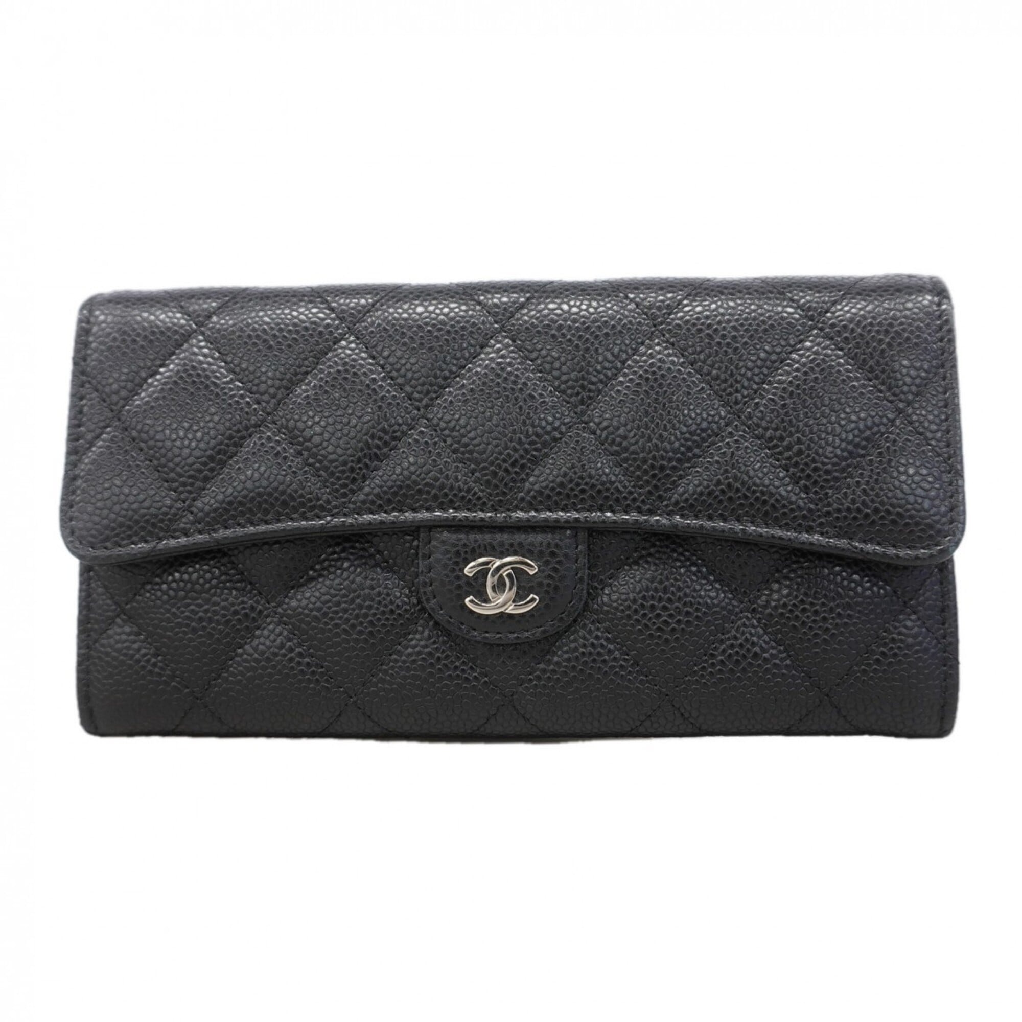 Chanel Black Grained Calfskin Long Wallet (Bi-Fold) (Pre-Owned)