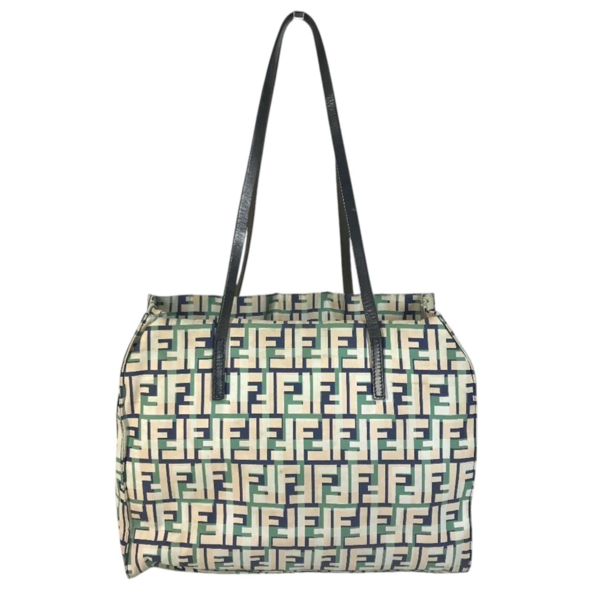 Fendi Beige Blue Green Leather Canvas Shoulder Bag Tote Bag (Pre-Owned)