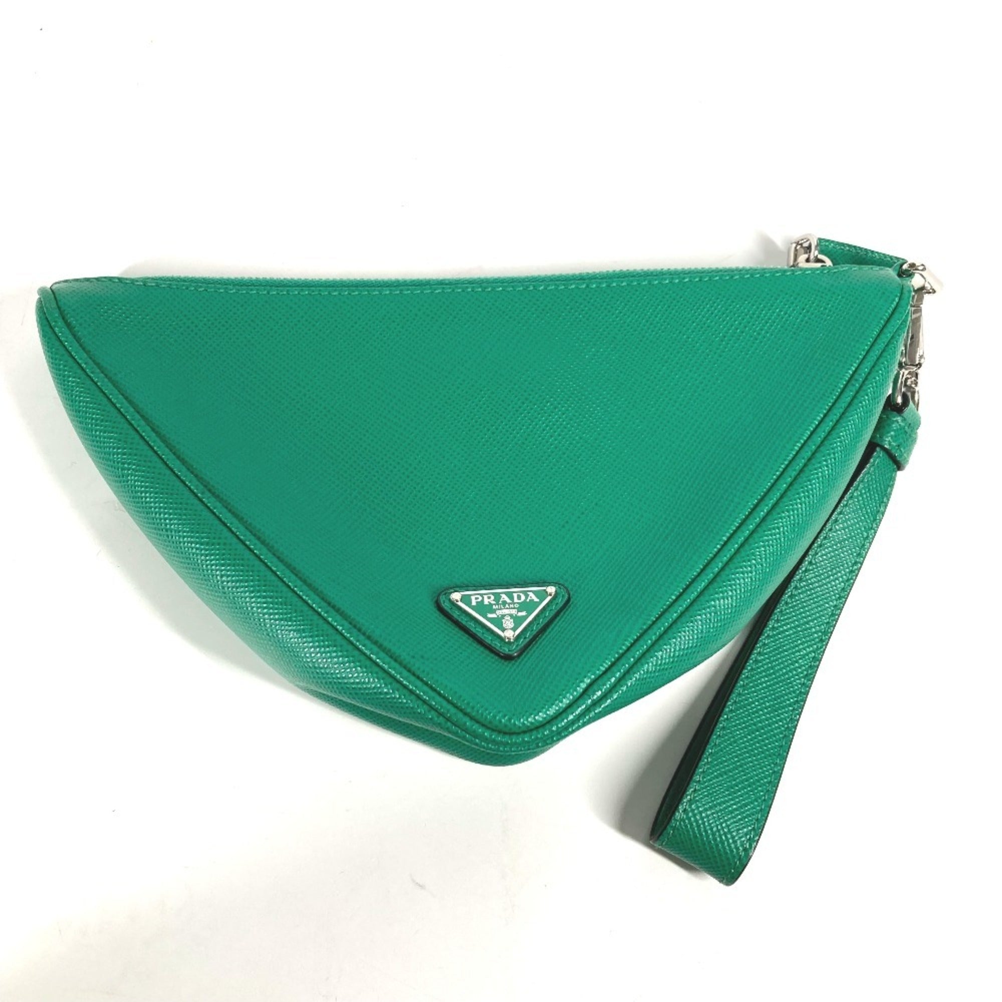 Prada Green Saffiano Triangle Clutch Bag Pouch (Pre-Owned)