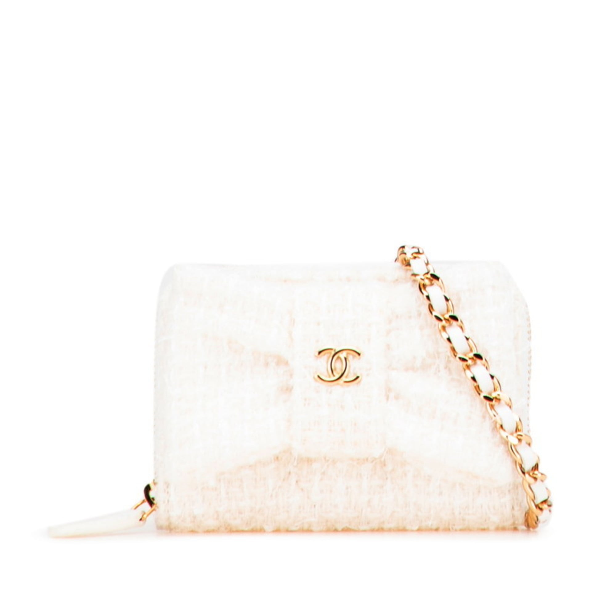 Chanel White Tweed Leather Chain/Shoulder Wallet (Pre-Owned)