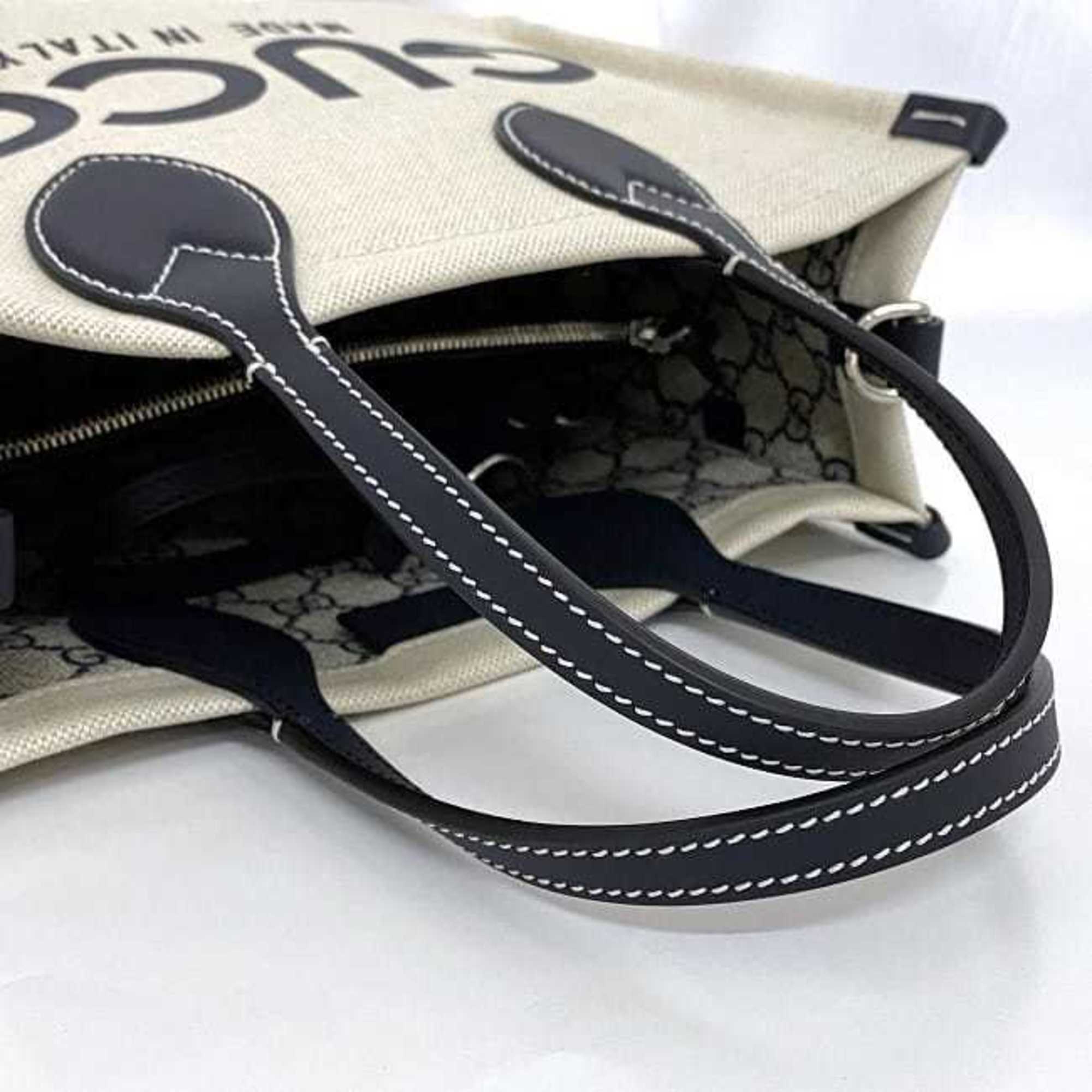 Gucci Beige Navy Canvas Leather Handbag Shoulder Bag Tote Bag (Pre-Owned)