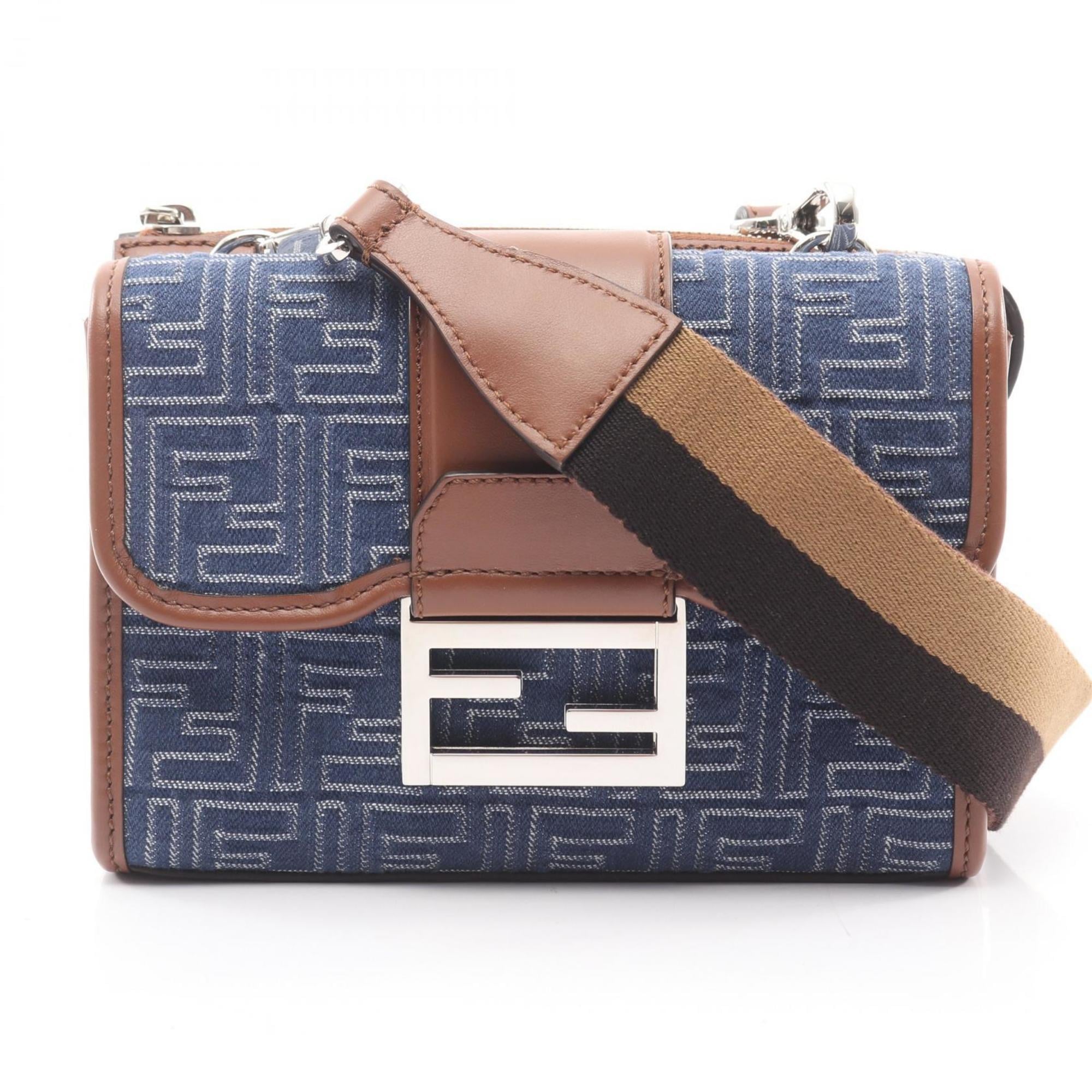 Fendi Brown Navy Canvas Leather Shoulder Bag (Pre-Owned)