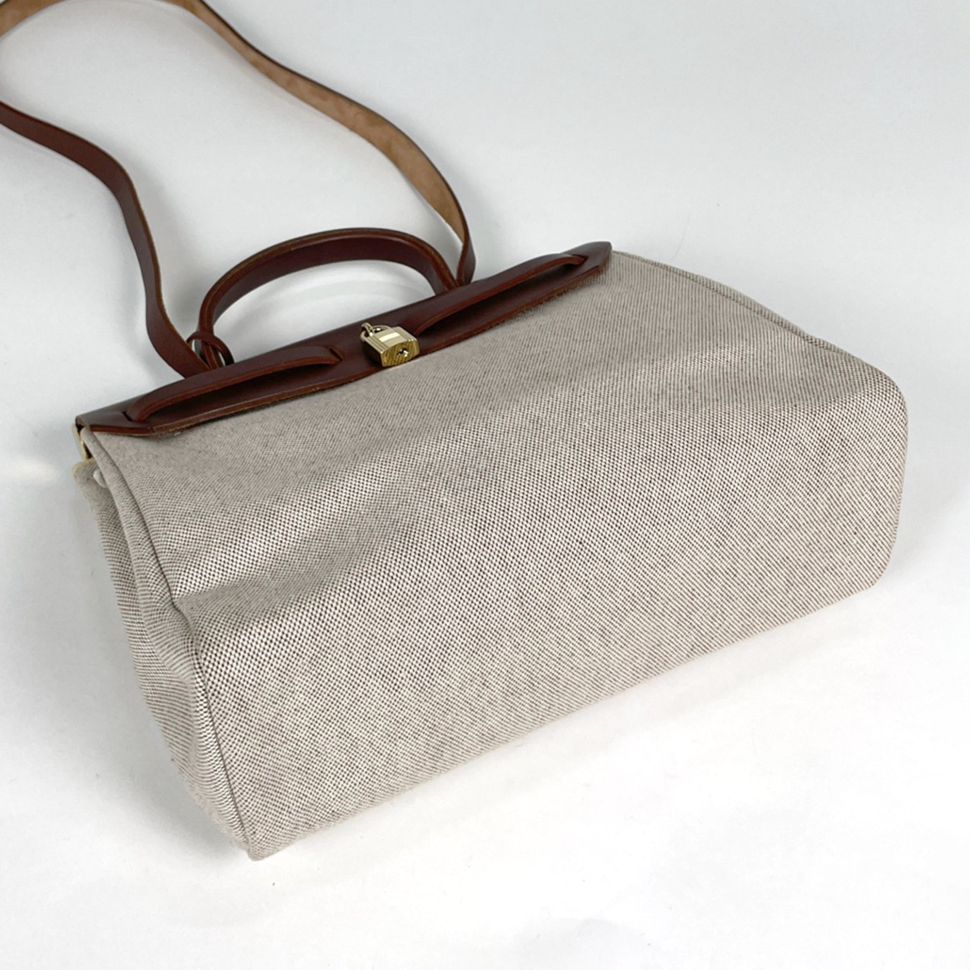 Hermes Her Bag Brown Natural Toile H Toile Officier Leather Handbag Shoulder Bag (Pre-Owned)