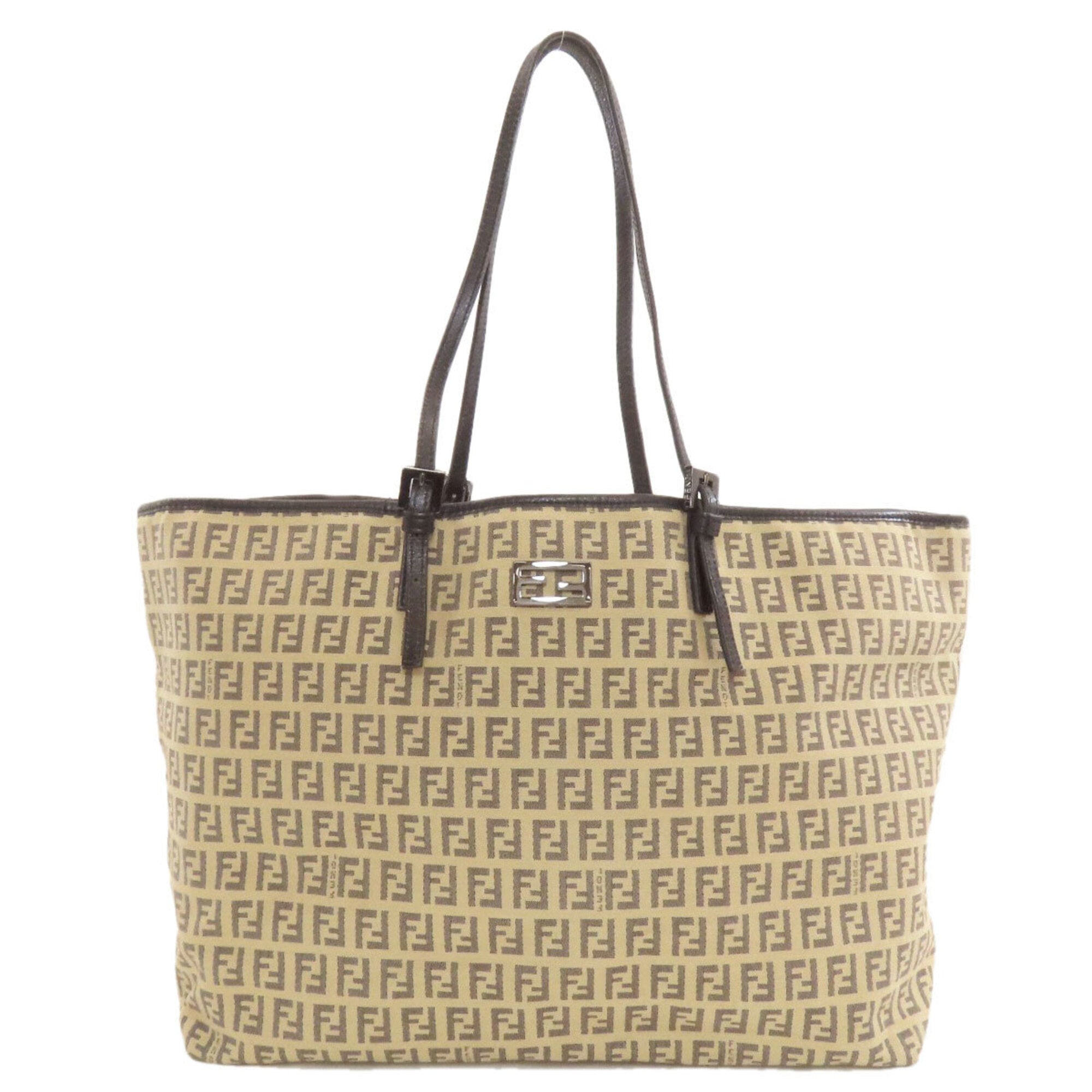 Fendi Zucca Beige Black Canvas Leather Tote Bag (Pre-Owned)