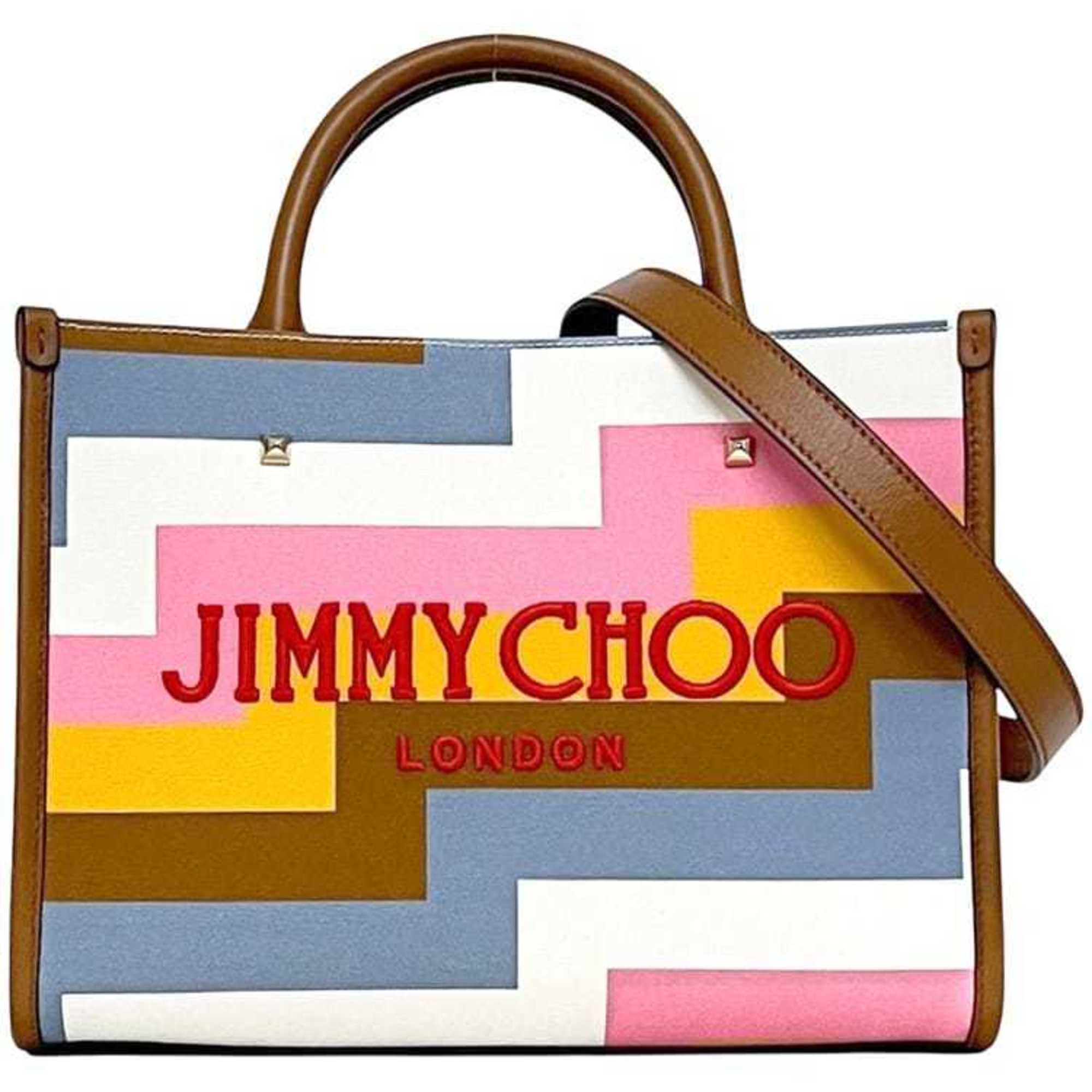 Jimmy Choo Brown Multi-Color Canvas Leather Tote Bag (Pre-Owned)