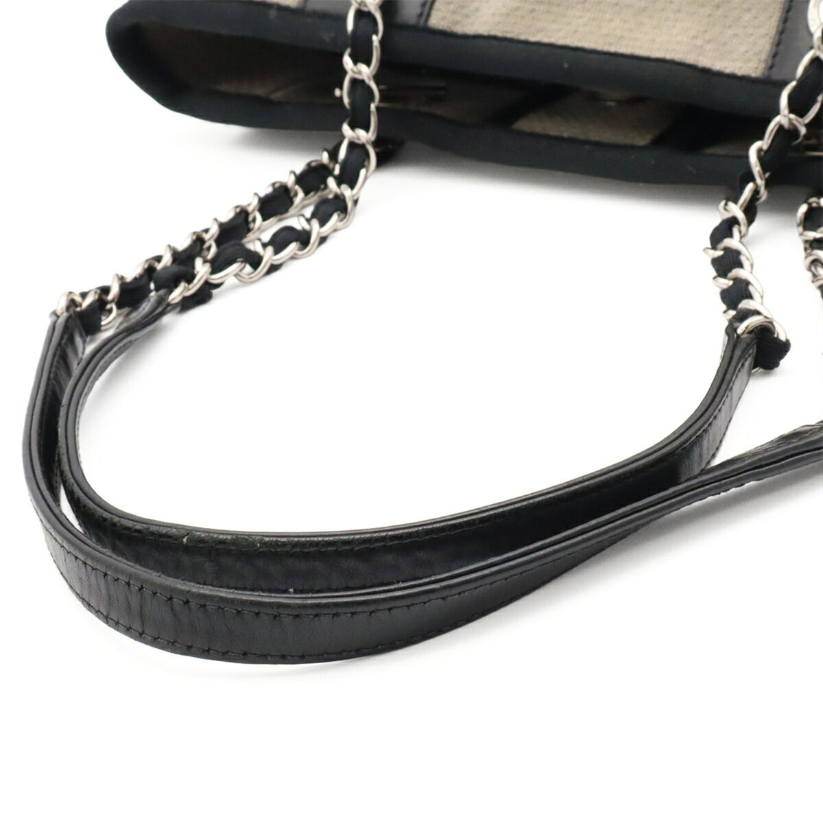 Chanel Black Gray Canvas Leather Shoulder Bag Tote Bag (Pre-Owned)