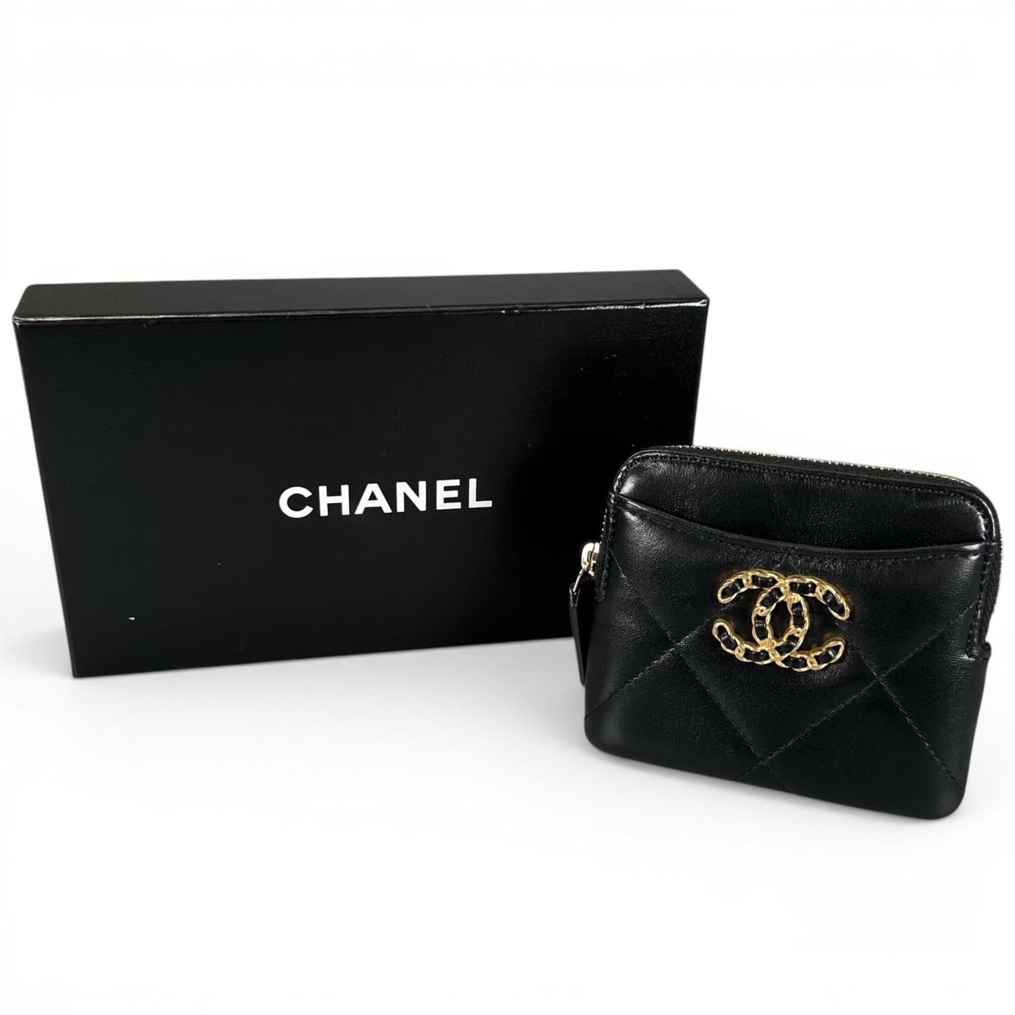 Chanel Gold Black Leather Coin Purse/Coin Case (Pre-Owned)