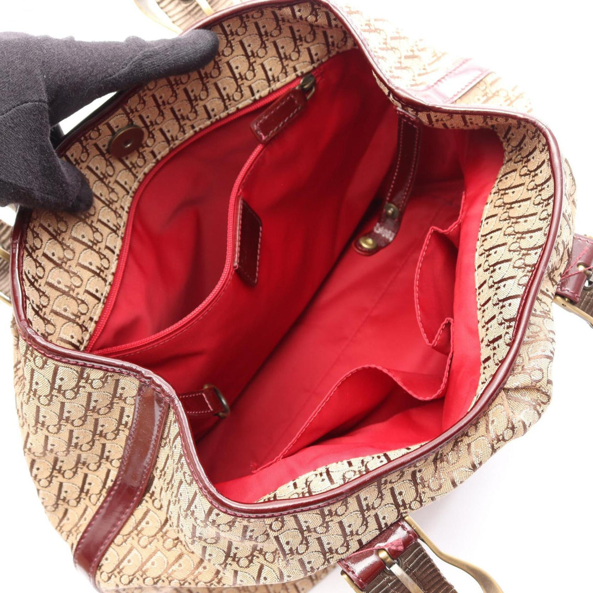 Christian Dior Beige Bordeaux Canvas Patent Leather Suede Handbag Tote Bag (Pre-Owned)