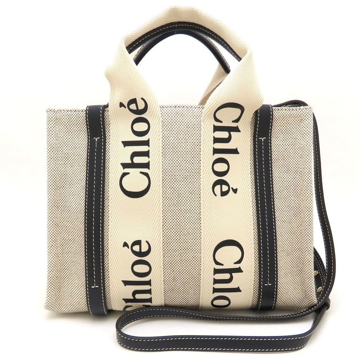 Chloé Blue White Linen Leather Handbag (Pre-Owned)