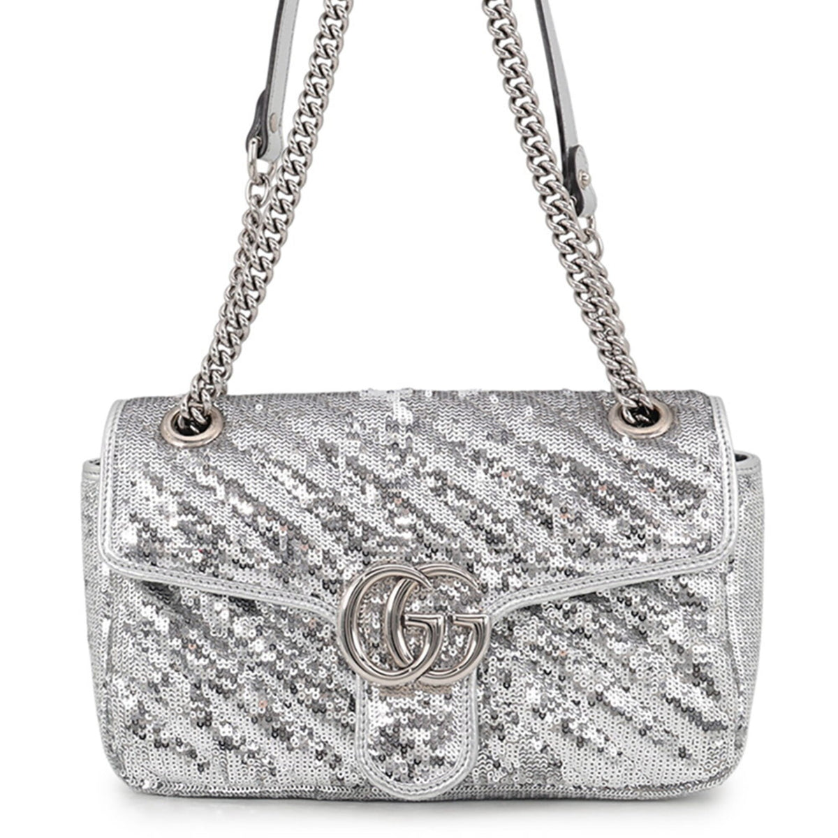 Gucci Gg Marmont Silver Spangles Leather Handbag Shoulder Bag (Pre-Owned)