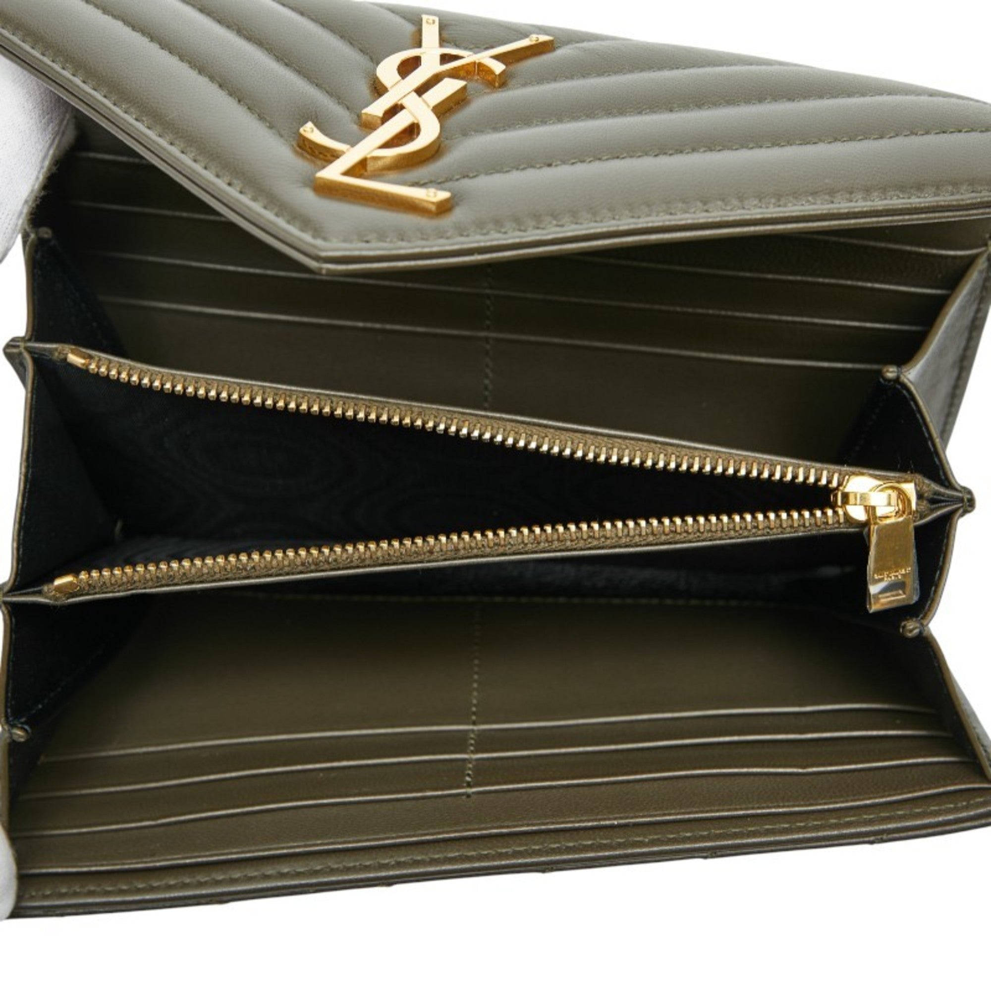 Saint Laurent Khaki Leather Long Wallet (Bi-Fold) (Pre-Owned)