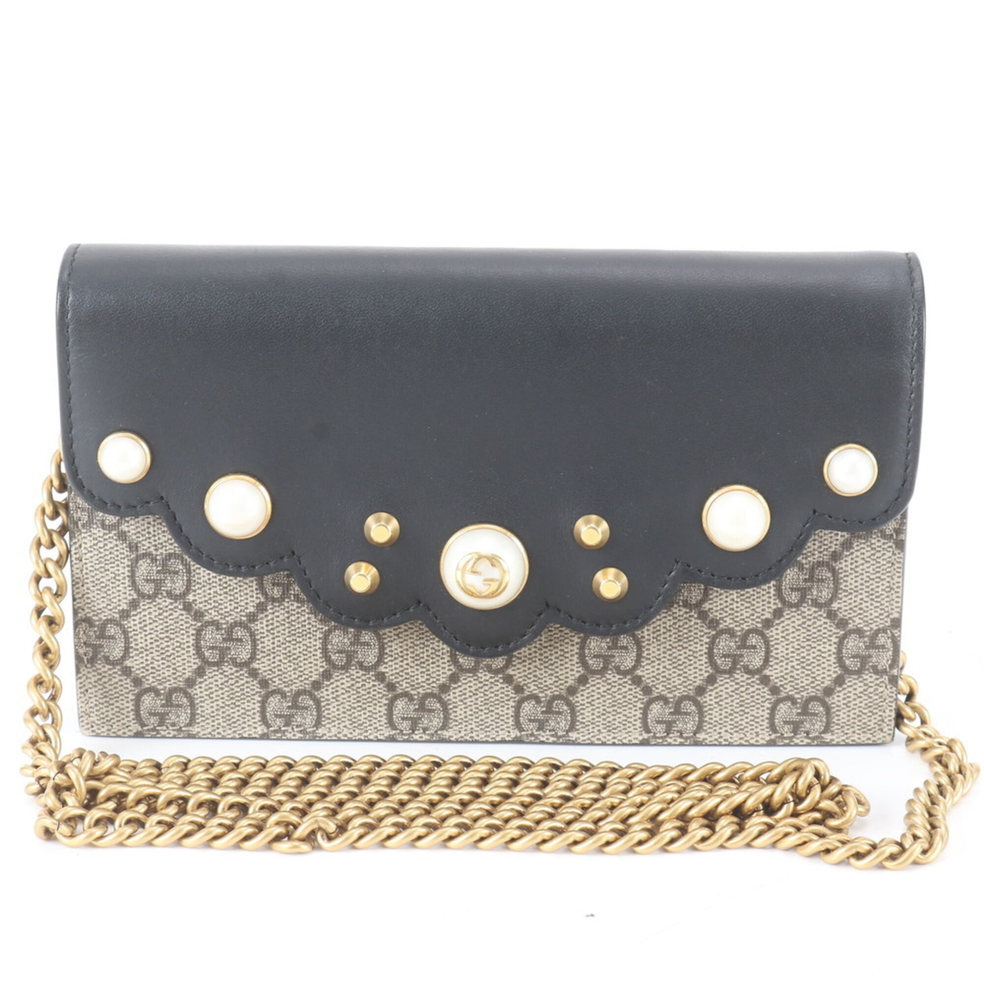 Gucci Beige Black Leather Coated Canvas Chain/Shoulder Wallet (Pre-Owned)