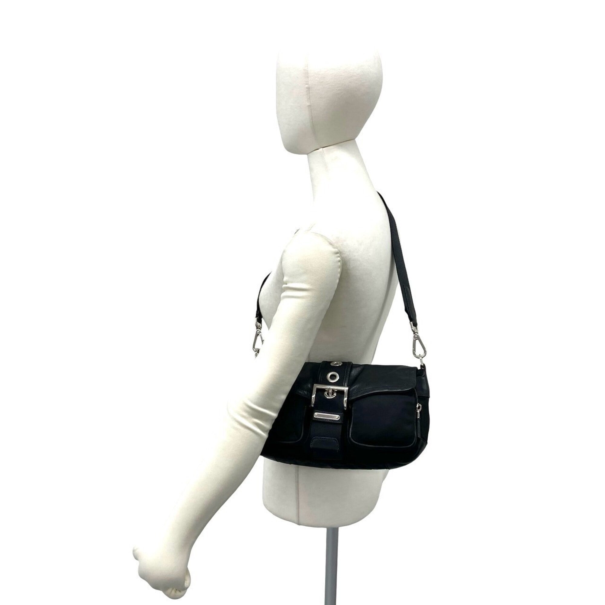 Prada Black Leather Nylon Handbag Shoulder Bag (Pre-Owned)