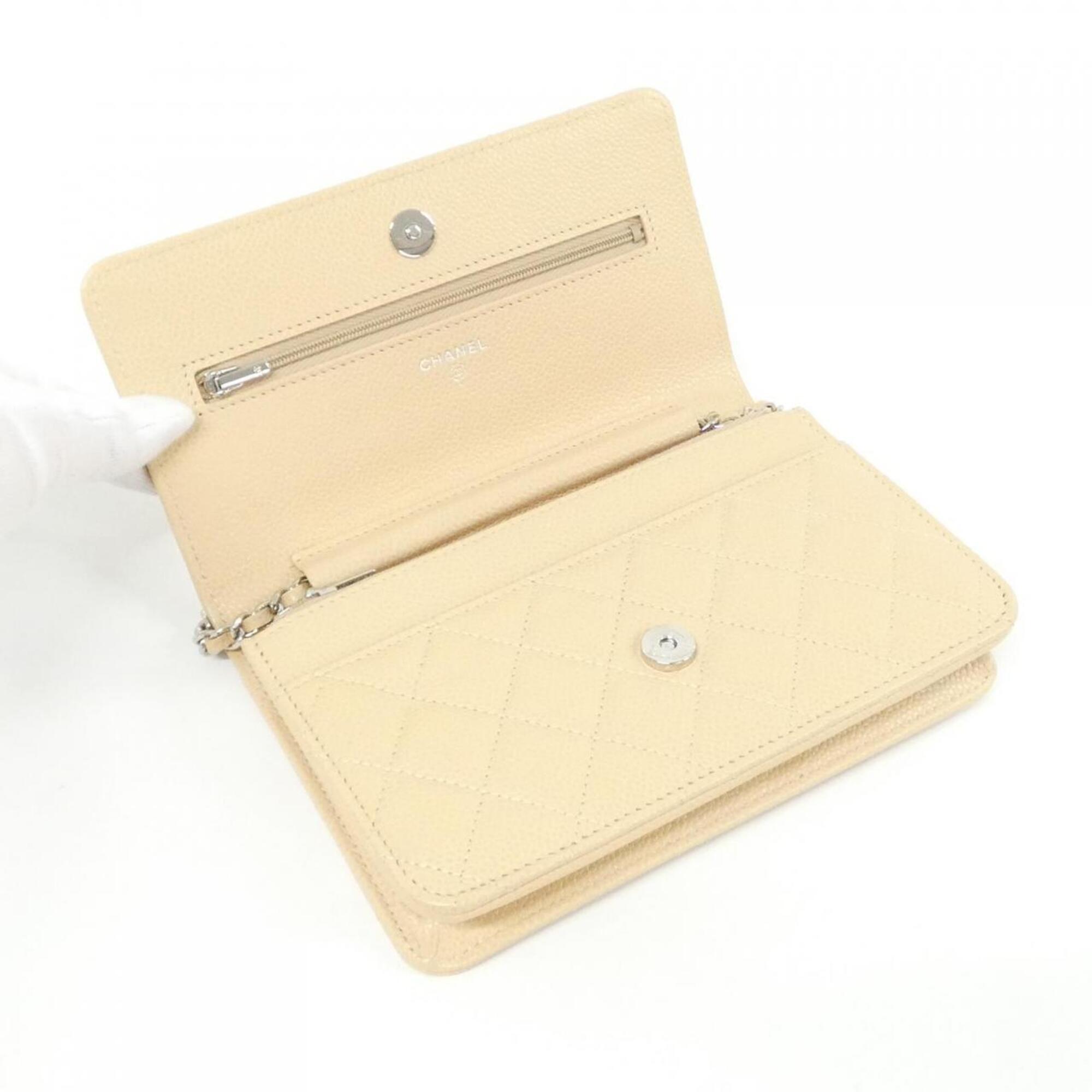 Chanel Beige Grained Calfskin Chain/Shoulder Wallet (Pre-Owned)