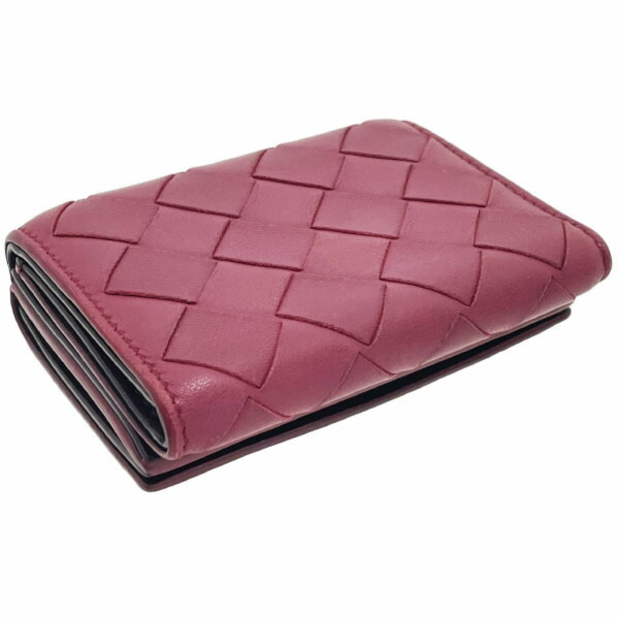 Bottega Veneta Red Color Wine Intrecciato Wallet (Tri-Fold) (Pre-Owned)