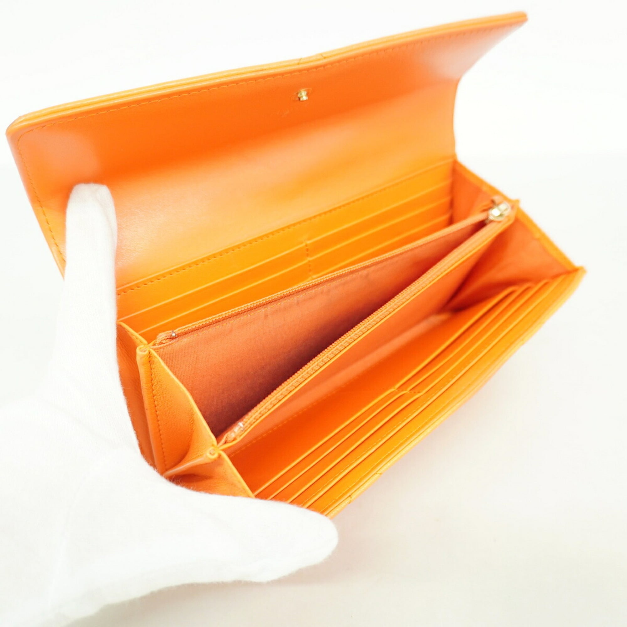 Chanel Orange Leather Long Wallet (Bi-Fold) (Pre-Owned)