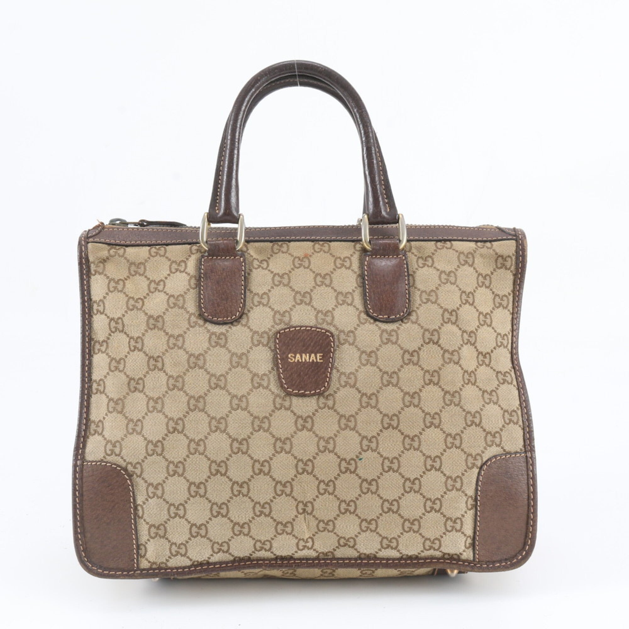 Gucci Brown Leather Canvas Handbag Shoulder Bag Tote Bag (Pre-Owned)