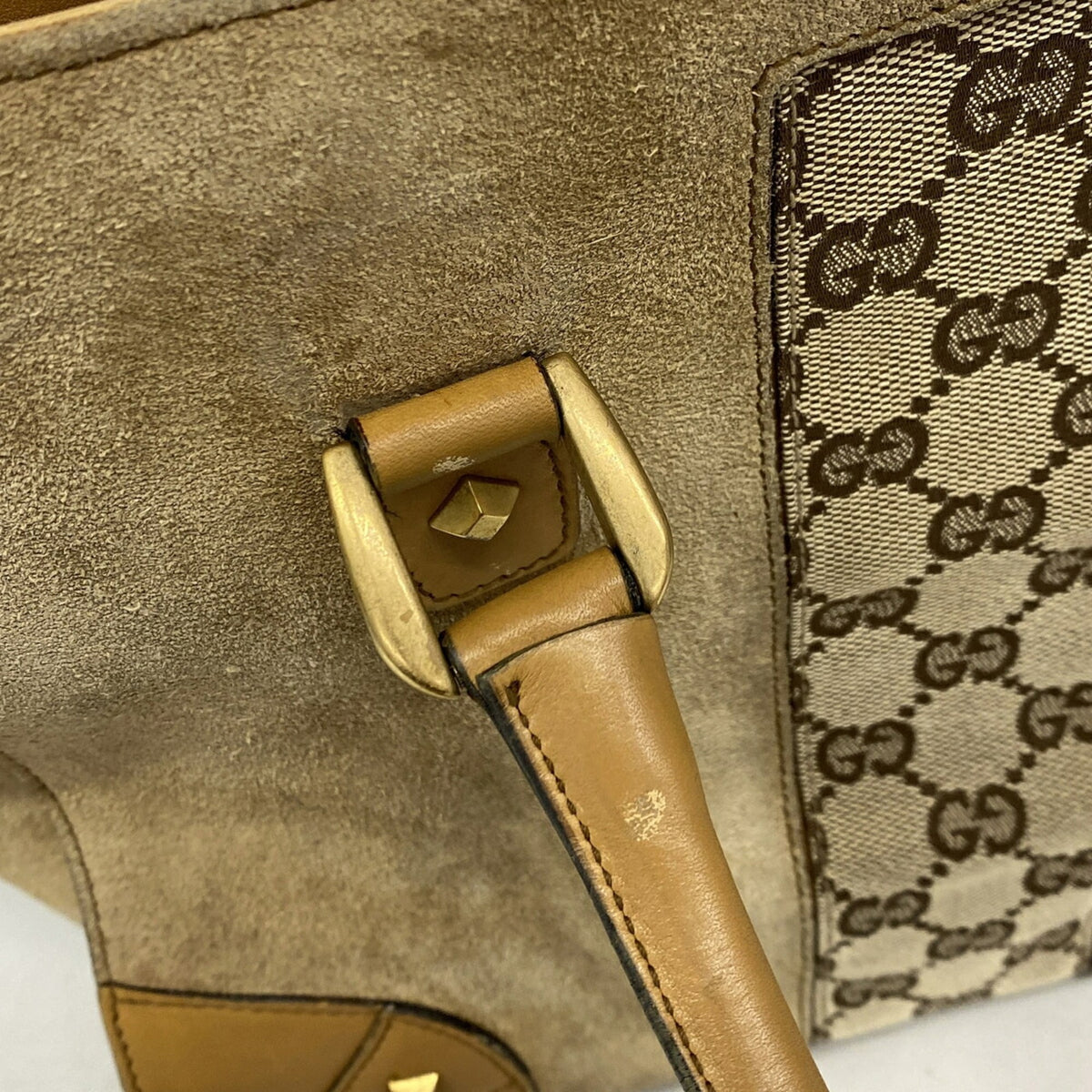 Gucci Beige Canvas Suede Handbag (Pre-Owned)