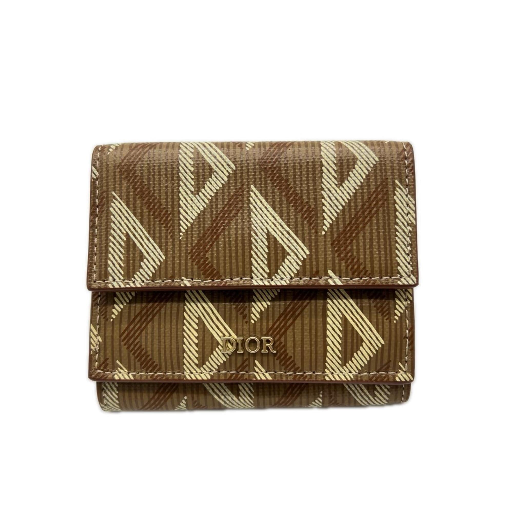 Christian Dior Brown Cream Coated Canvas Leather Wallet (Tri-Fold) (Pre-Owned)