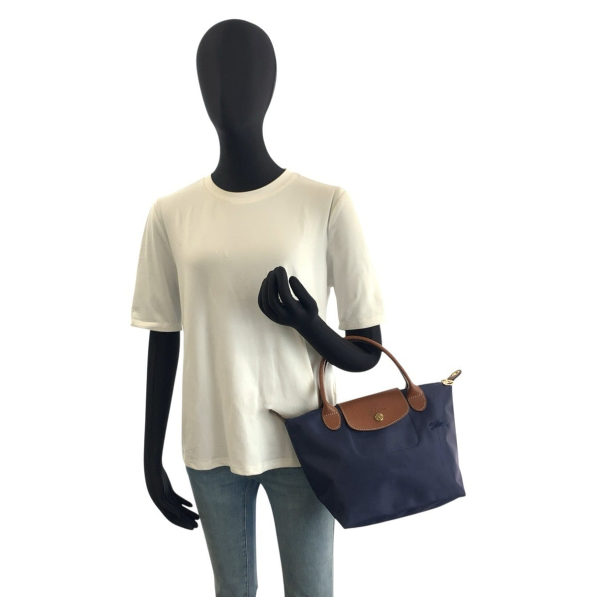 Longchamp Brown Navy Nylon Leather Shoulder Bag Tote Bag (Pre-Owned)