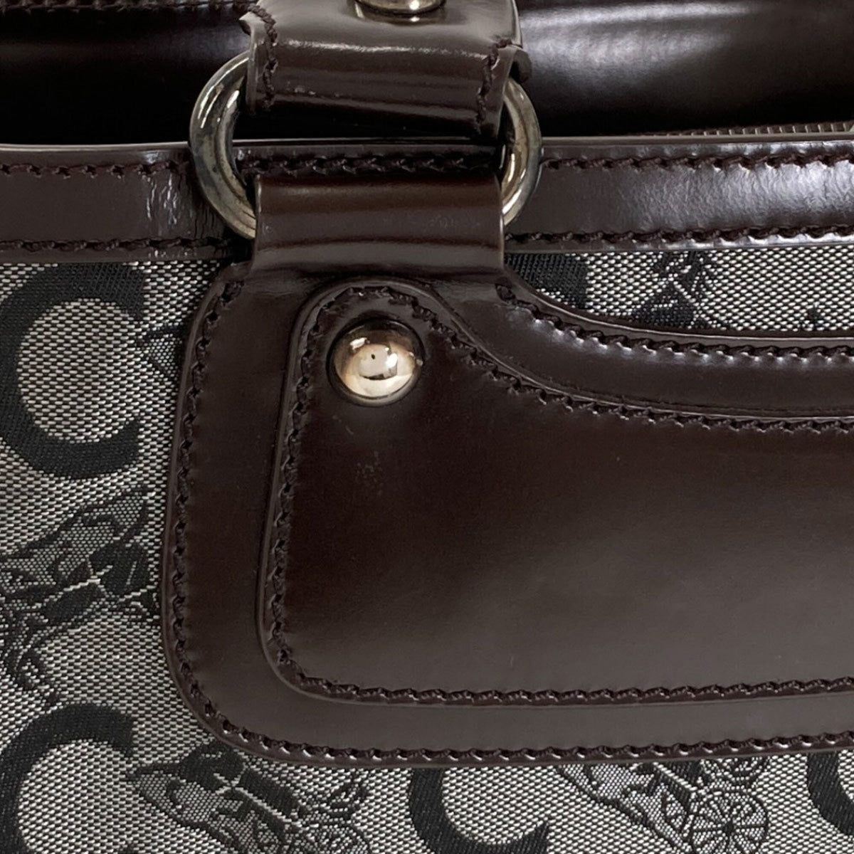 Celine Dark Brown Gray Leather Canvas Handbag (Pre-Owned)