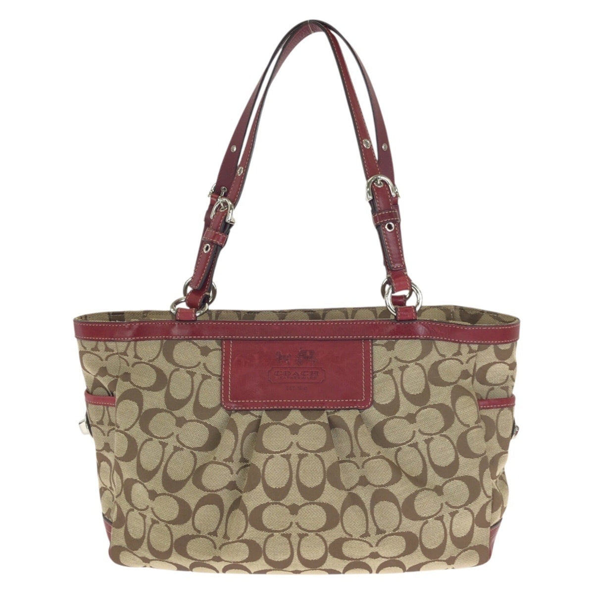 Coach Beige Red Color Canvas Leather Shoulder Bag Tote Bag (Pre-Owned)